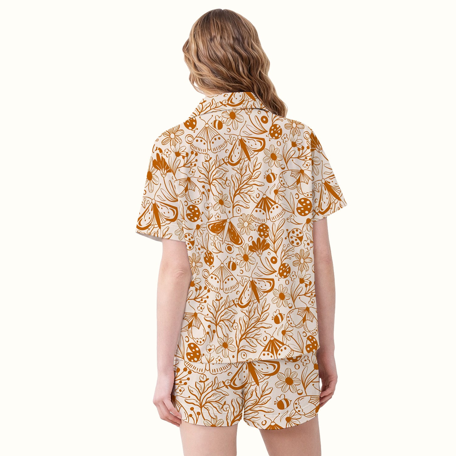 Butterfly Ladybug Floral Garden Pattern Pajama Set, Soft Breathable Fabric Comfortable Sleepwear
