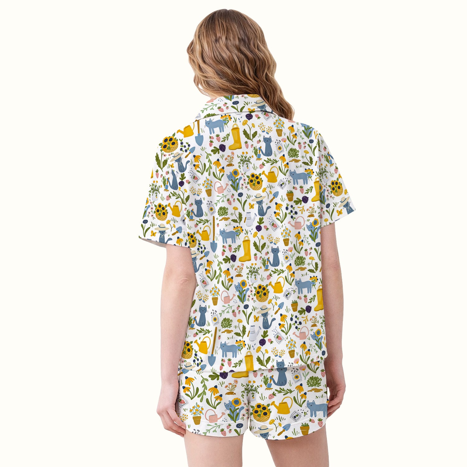 Cat Gardening Wildflower Tools Pattern Pajama Set, Breathable Fabrics Uniform