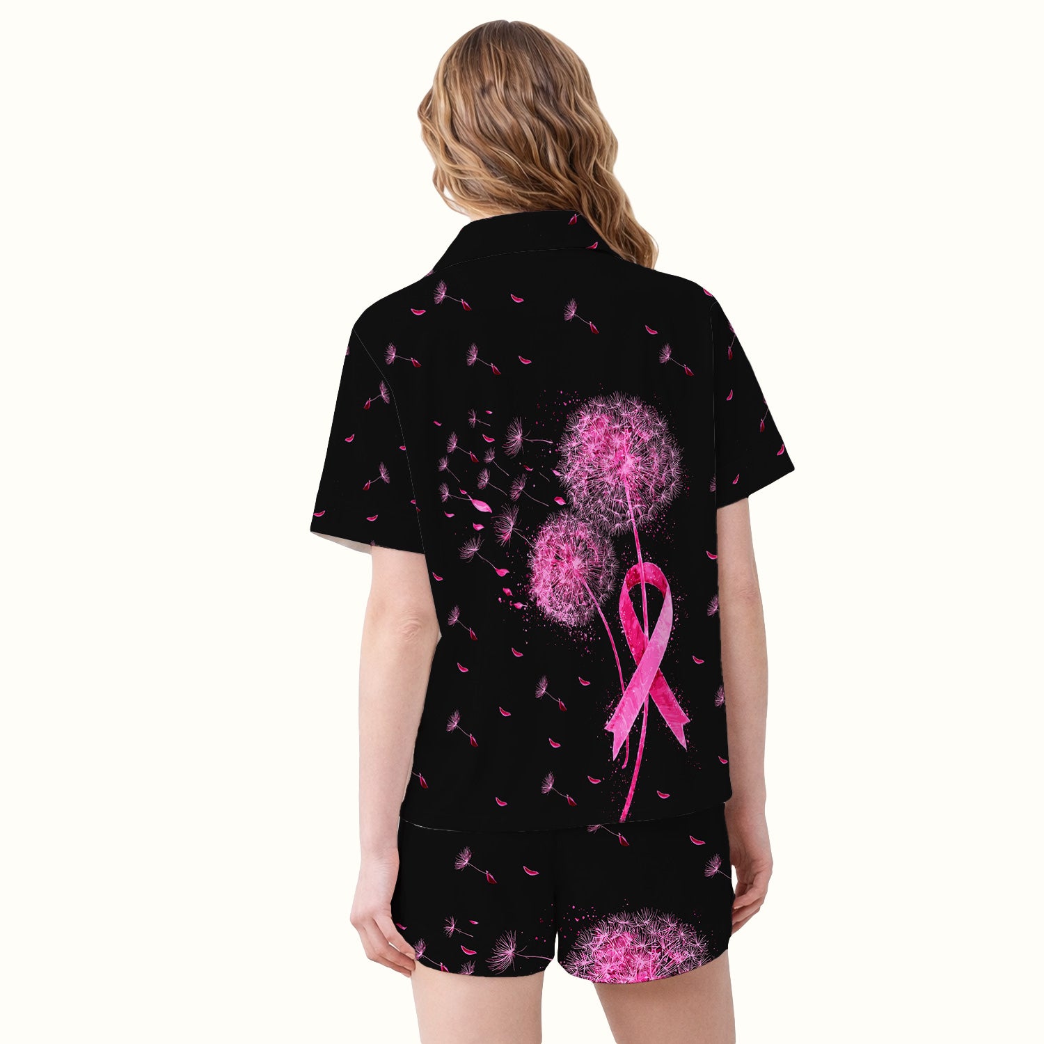 Meaningful Pink Ribbon Dandelion Pajama Set, Soft Breathable Fabric Comfortable Sleepwear