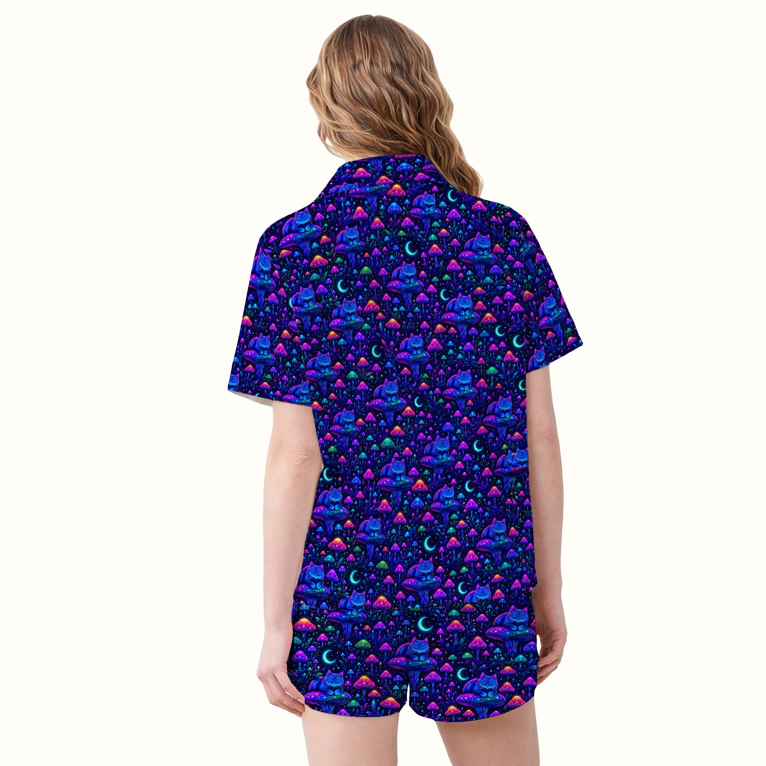 Neon Mushroom Cat Galaxy Pattern Pajama Set, Soft Breathable Fabric Comfortable Sleepwear