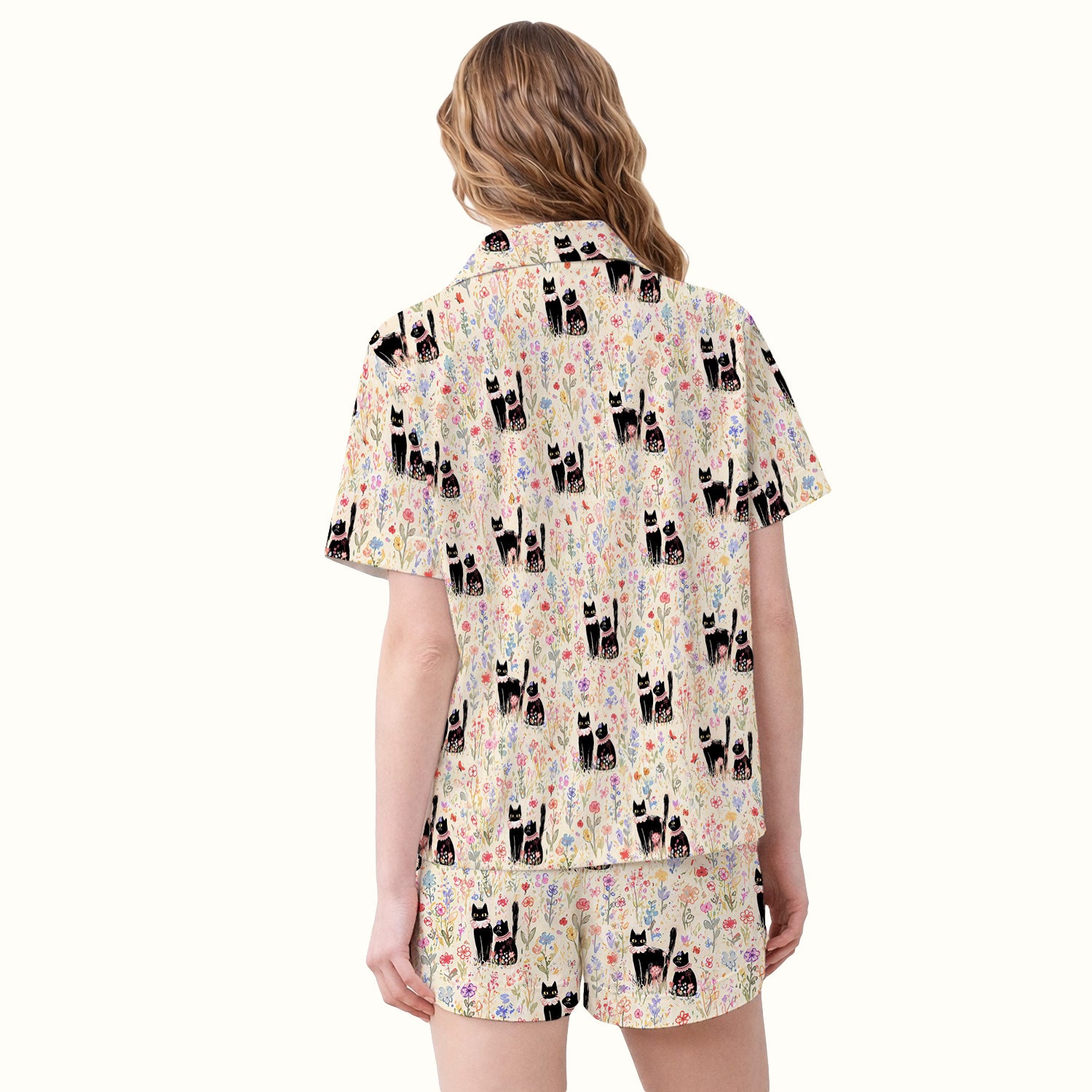 Cute Black Cats Wildflower Garden Pattern Pajama Set, Soft Breathable Fabric Comfortable Sleepwear