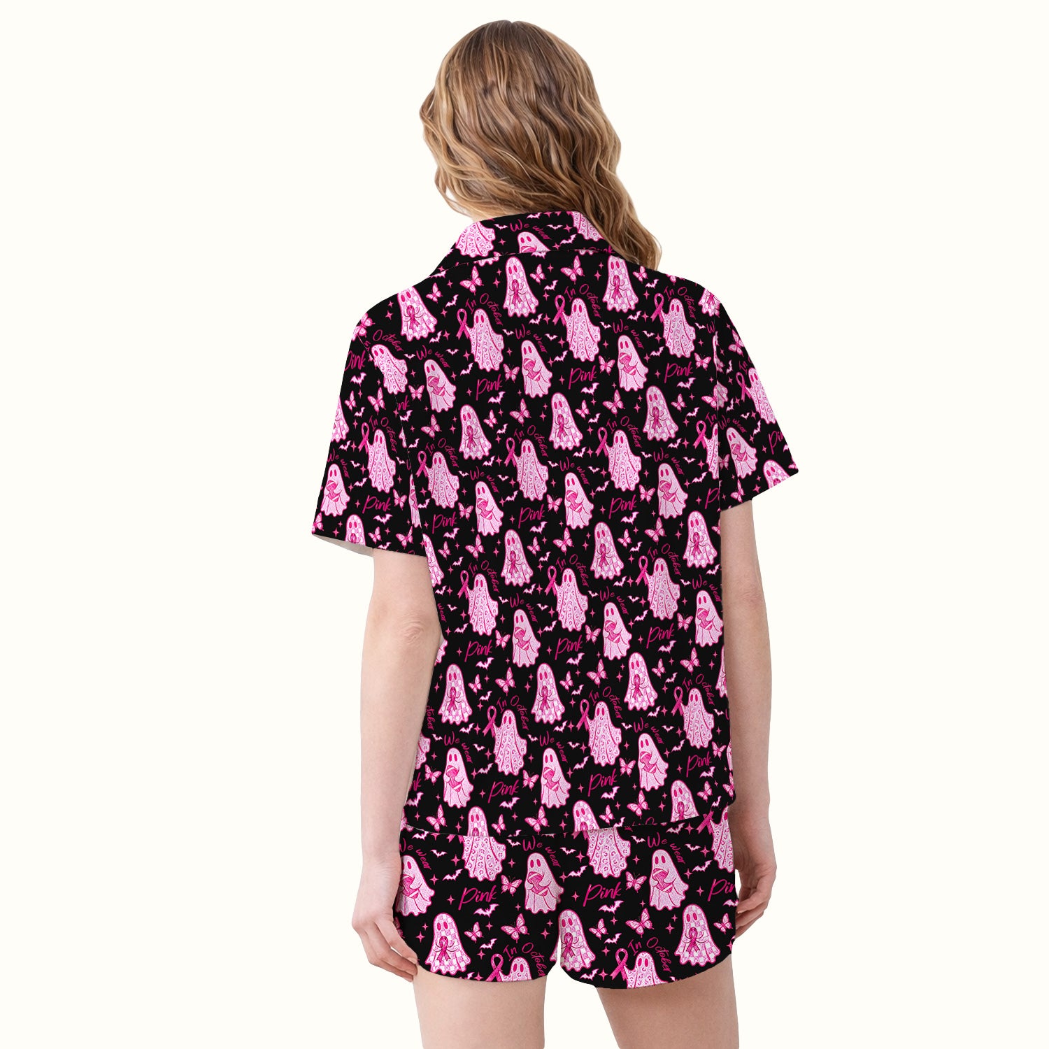 Pink Ribbon Ghost Pajama Set, Soft Breathable Fabric Comfortable Sleepwear