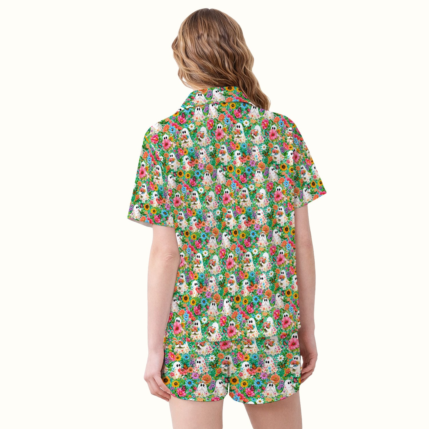 Cute Halloween Floral Ghosts Pajama Set, Soft Breathable Fabric Comfortable Sleepwear
