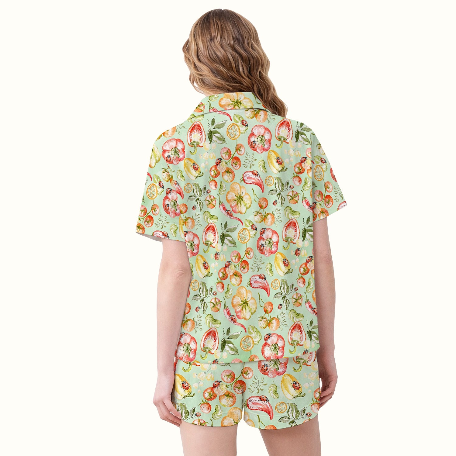 Cute Watercolor Veggie Ladybug Pattern Pajama Set, Soft Breathable Fabric Comfortable Sleepwear
