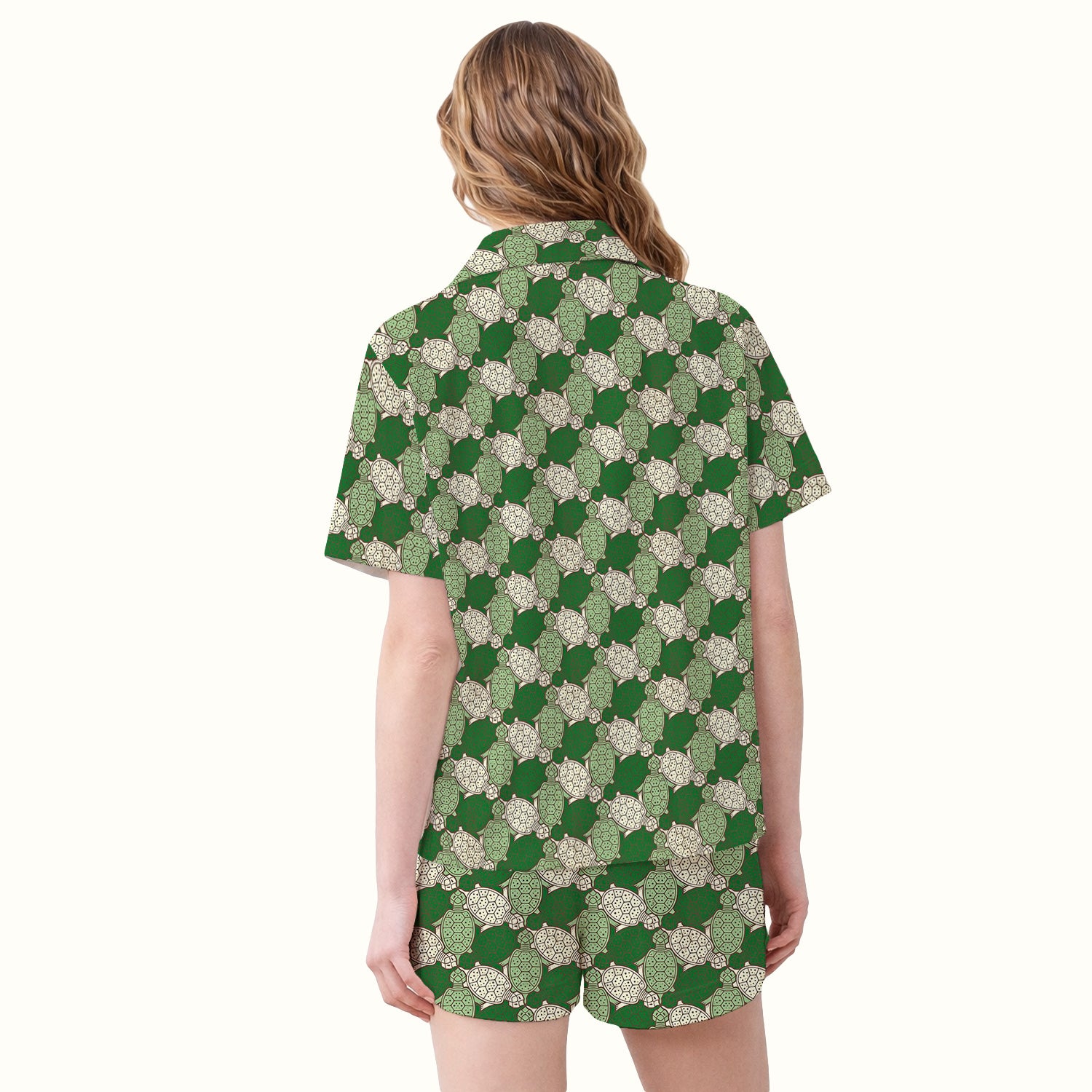 Green Sea Turtle Shell Pattern Pajama Set, Soft Breathable Fabric Comfortable Sleepwear