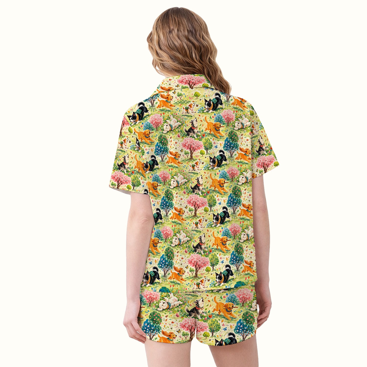 Playful Spring Garden Dogs Pattern Pajama Set, Soft Breathable Fabric Comfortable Sleepwear