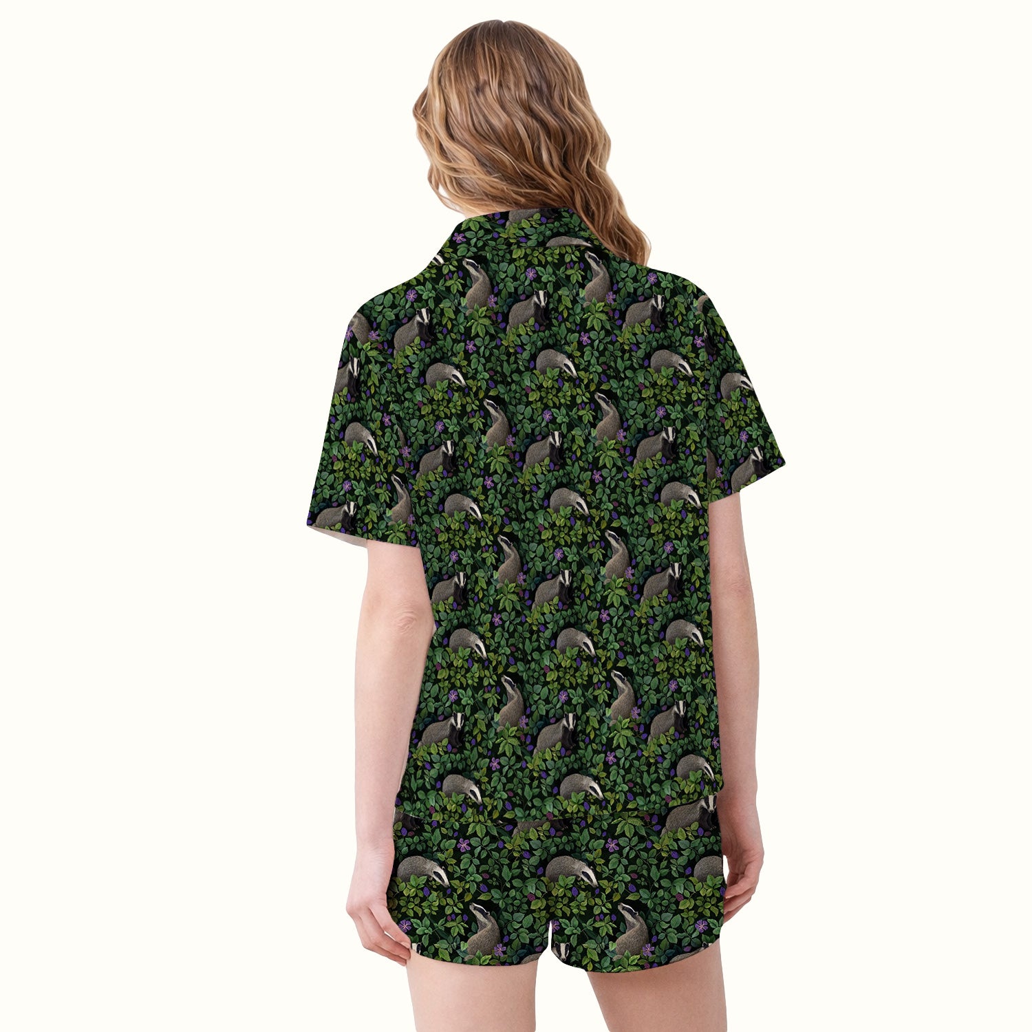 Woodland Badger Forest Pattern Pajama Set, Soft Breathable Fabric Comfortable Sleepwear
