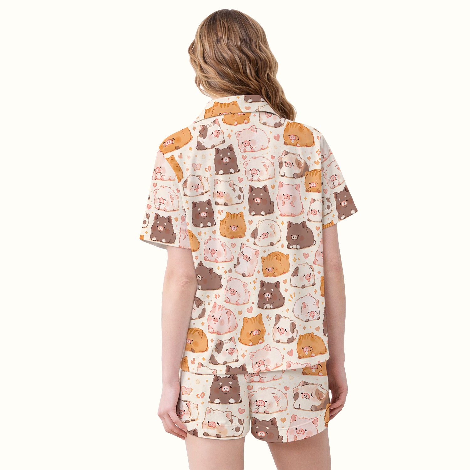 Cute Chubby Pig Nurse Print Pajama Set, Soft Breathable Fabric Comfortable Sleepwear
