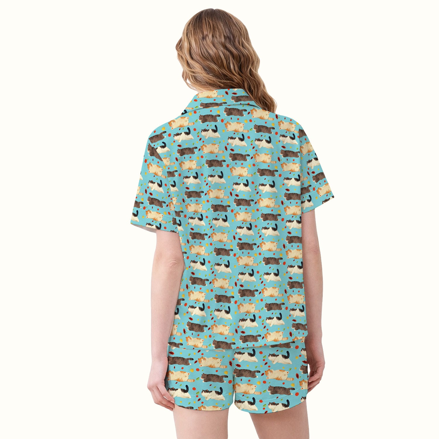 Chubby Cat Autumn Leaves Print Pajama Set, Breathable Fabrics Uniform