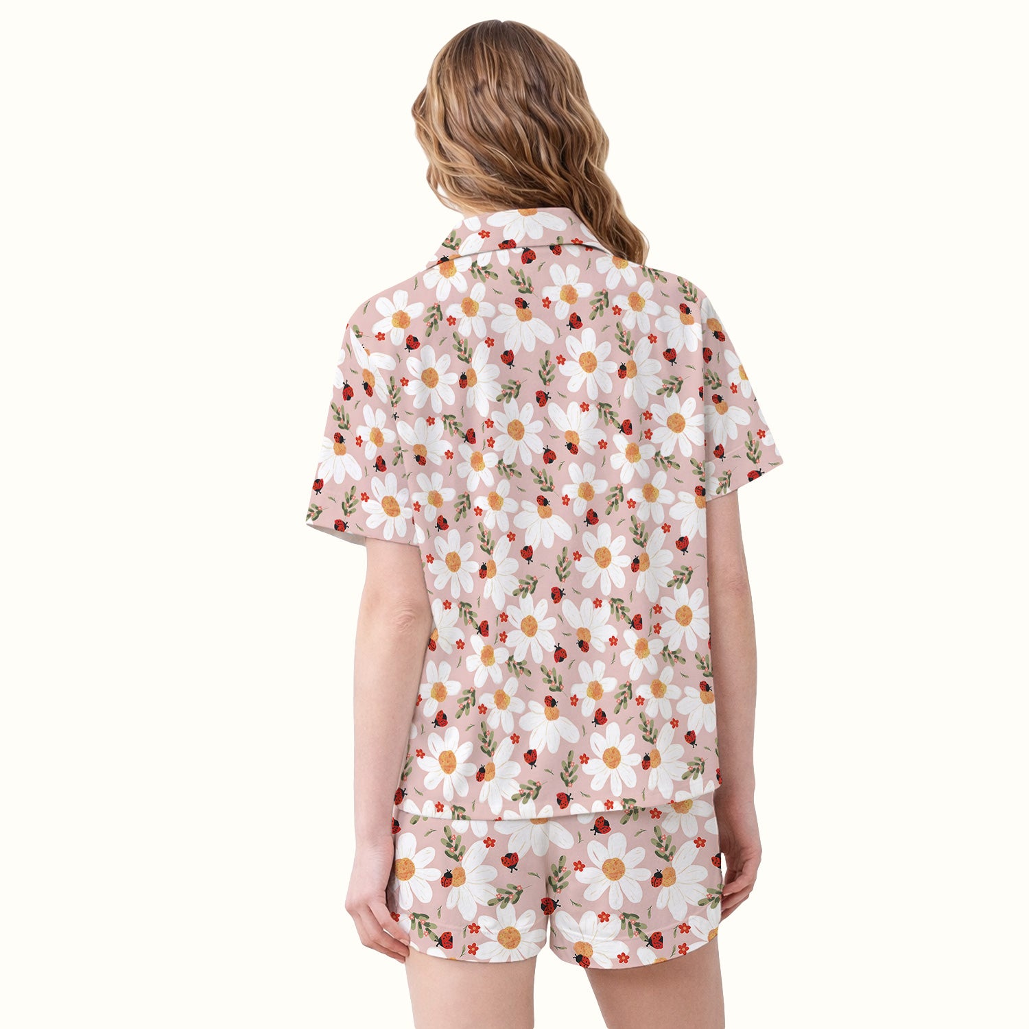 Daisy Ladybug Garden Blossom Pattern Pajama Set, Soft Breathable Fabric Comfortable Sleepwear