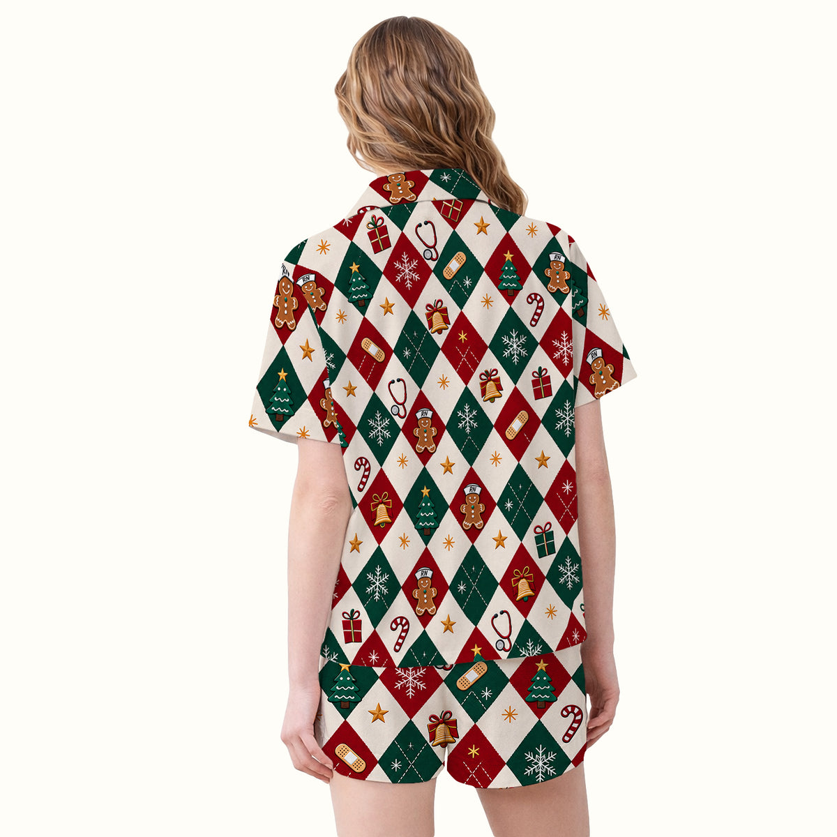 Christmas Gingerbread Nurse Argyle Pajama Set, Soft Breathable Fabric Comfortable Sleepwear