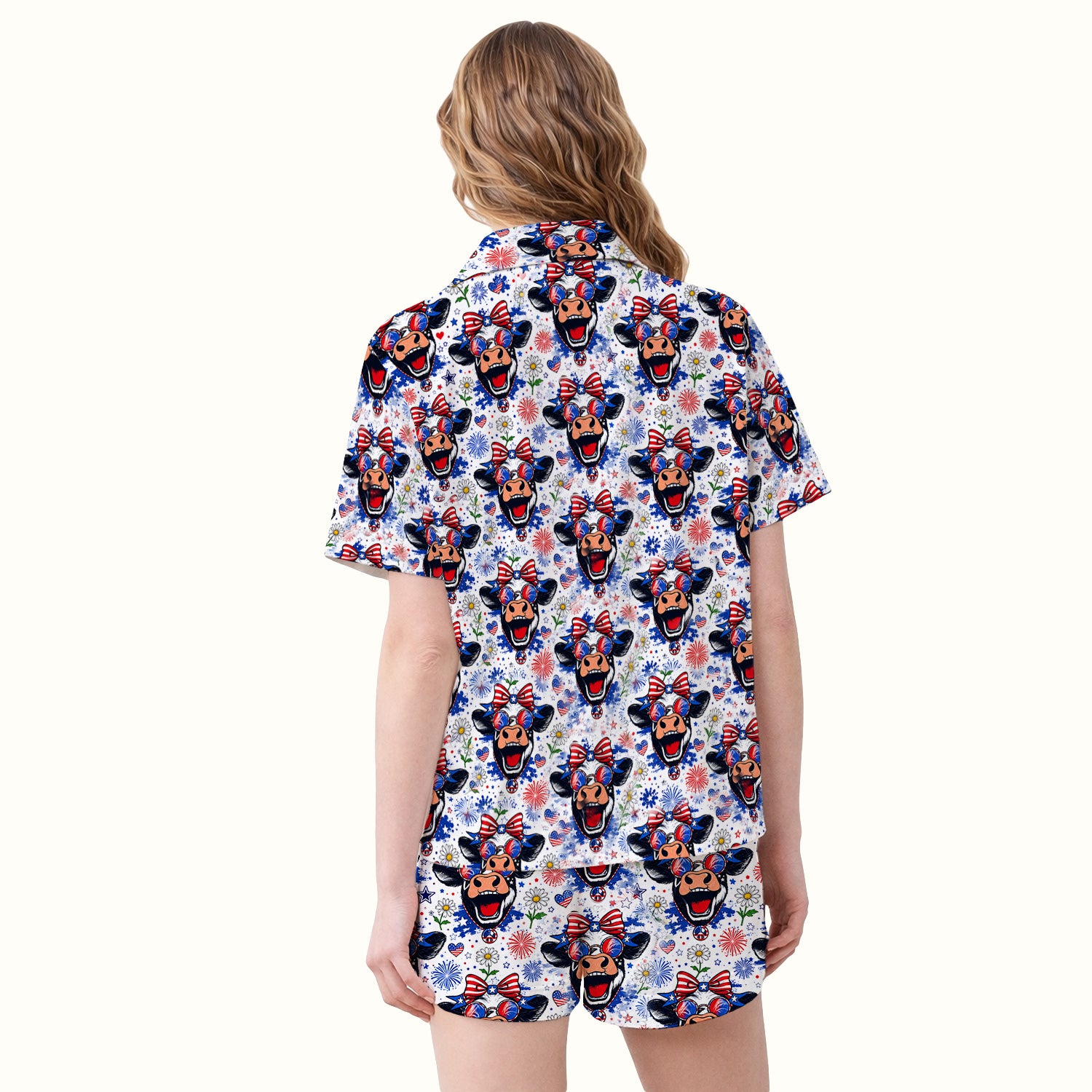 Funny Patriotic Cow Nurse Print Pajama Set, Soft Breathable Fabric Comfortable Sleepwear