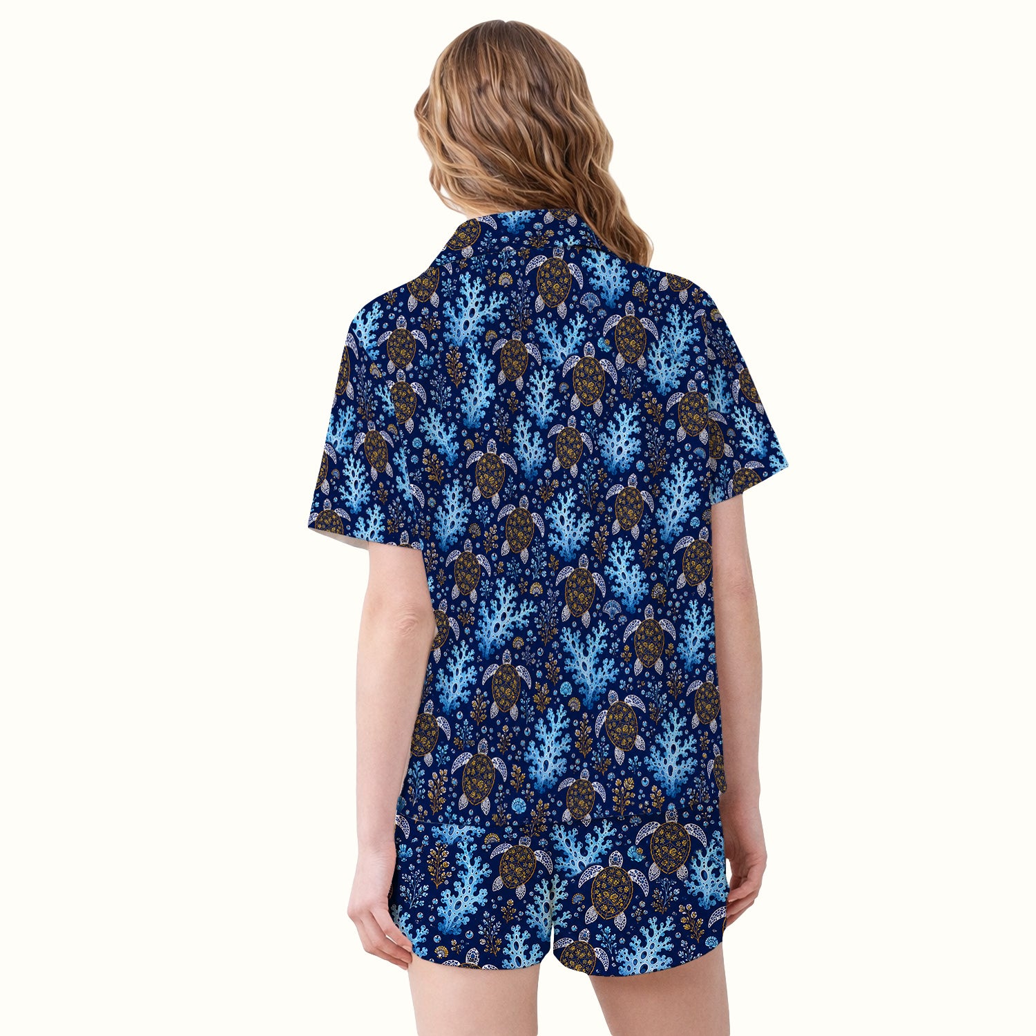 Ocean Turtle Coral Nurse Pattern Pajama Set, Soft Breathable Fabric Comfortable Sleepwear