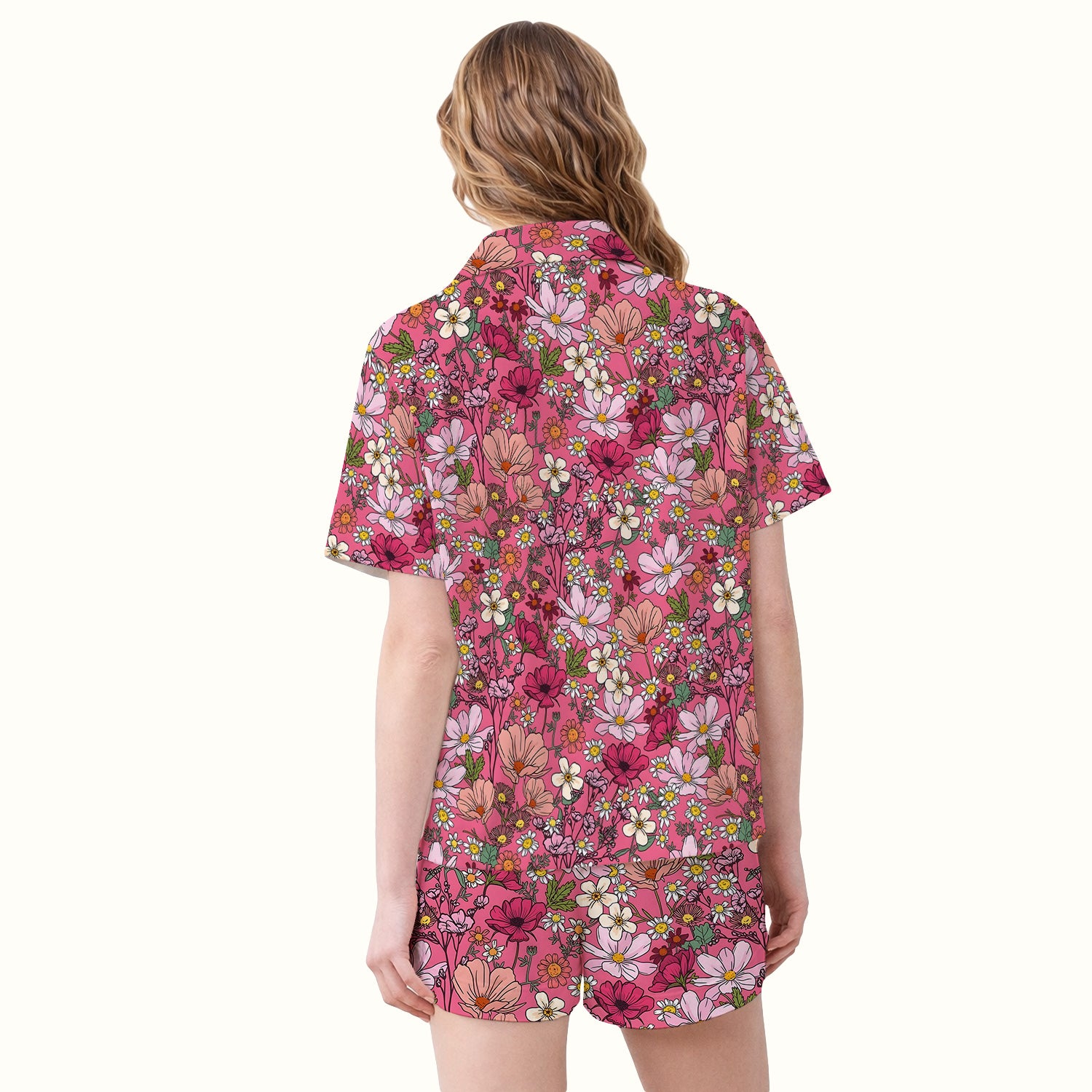 Pink Daisy Wildflower Nurse Pattern Pajama Set, Soft Breathable Fabric Comfortable Sleepwear