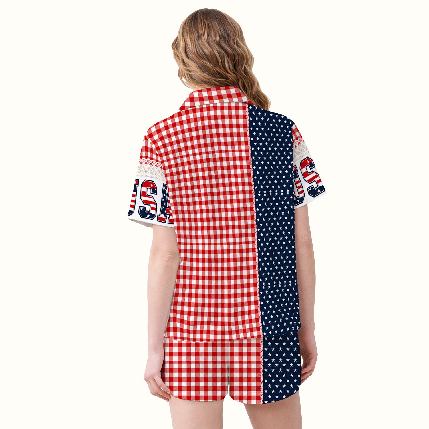 Patriotic Patchwork with USA Flag Pattern Pajama Set, Soft Breathable Fabric Comfortable Sleepwear