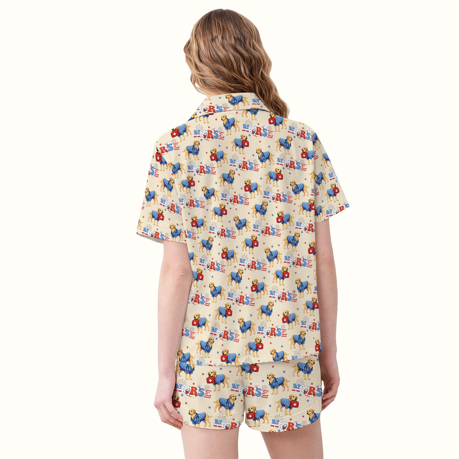 Patriotic Nurse Dog Medical Pattern Pajama Set, Breathable Fabrics Uniform
