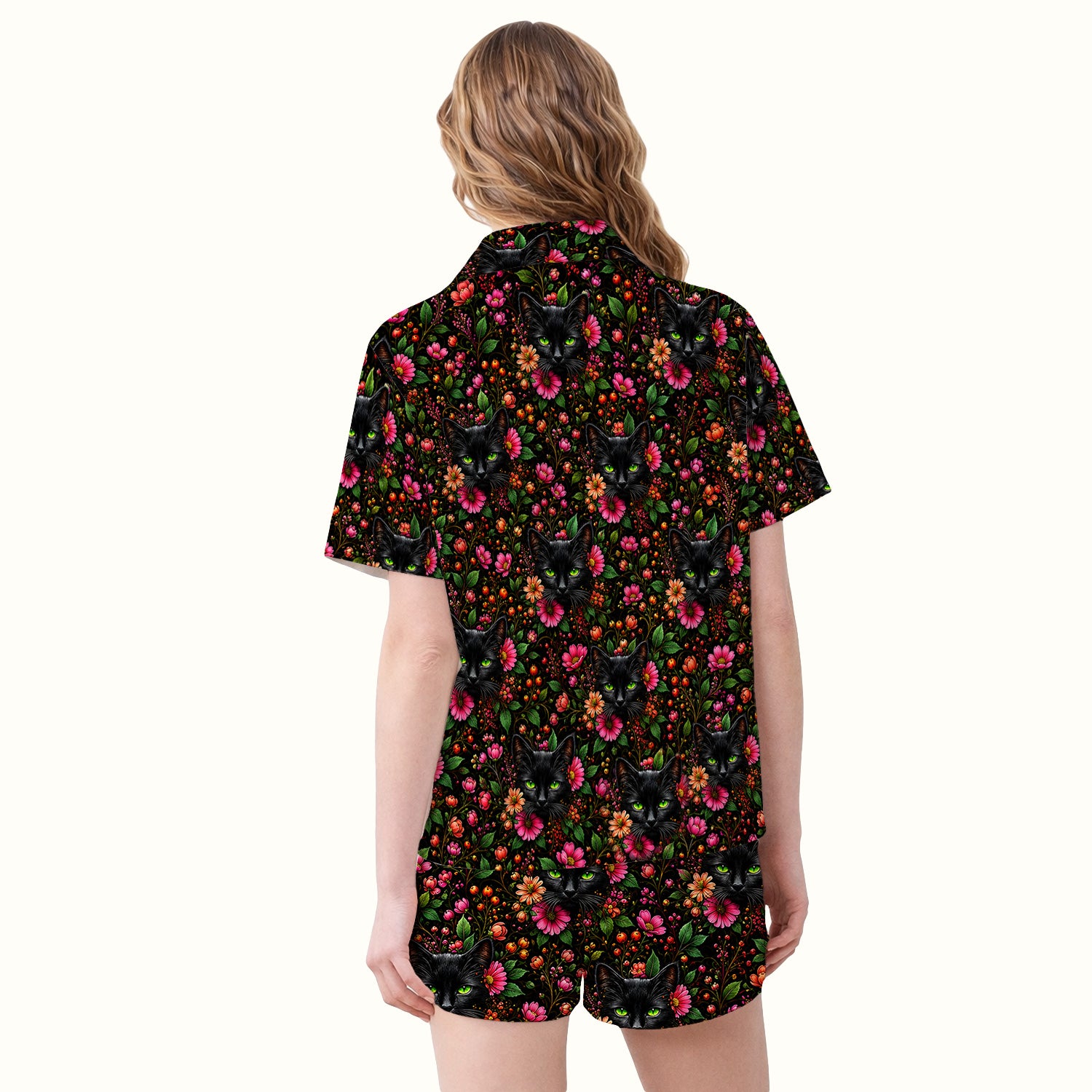 Adorable Black Cat Blossom Pattern Pajama Set, Soft Breathable Fabric Comfortable Sleepwear