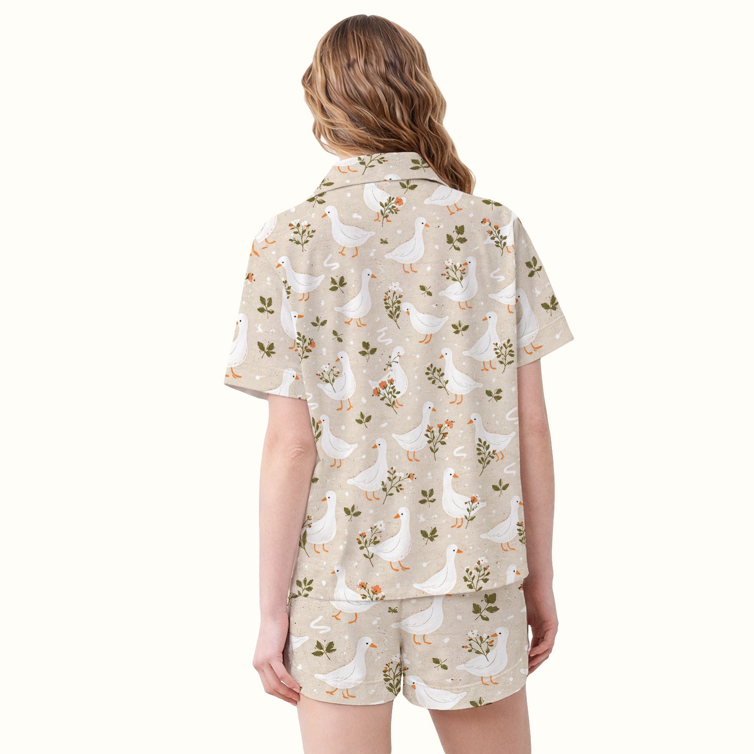 White Goose Floral Meadow Pattern Pajama Set, Soft Breathable Fabric Comfortable Sleepwear