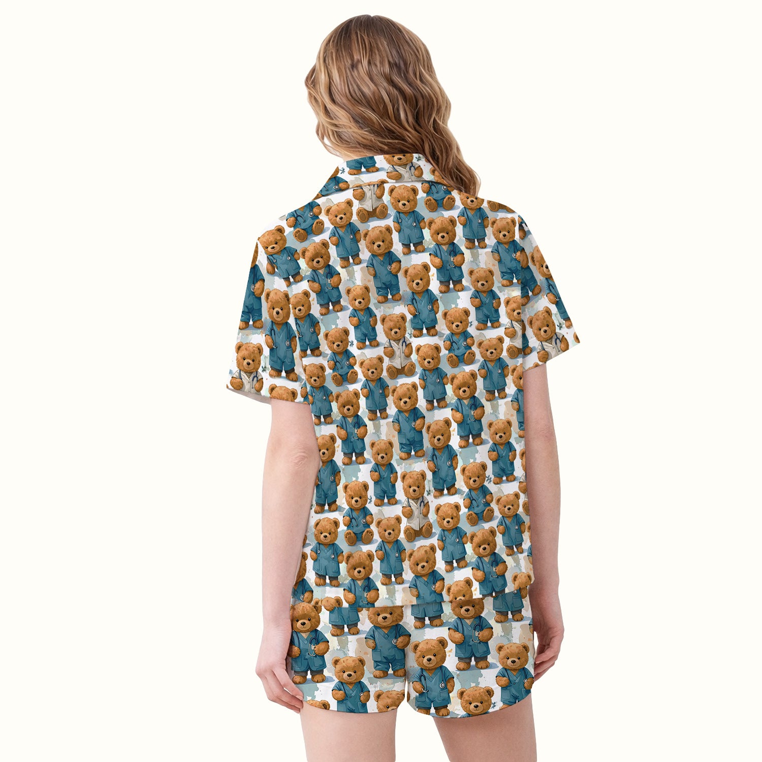 Teddy Bear Doctor Character Pattern Pajama Set, Breathable Fabrics Uniform