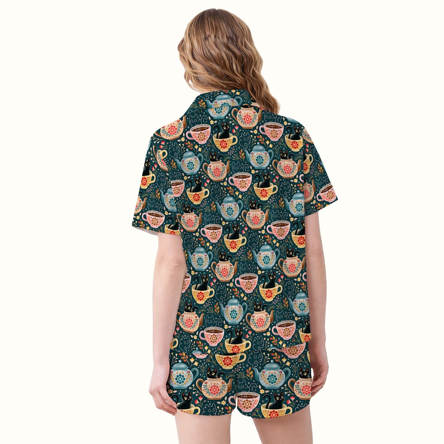 Black Cat Tea Party Veterinary Pattern Pajama Set, Soft Breathable Fabric Comfortable Sleepwear