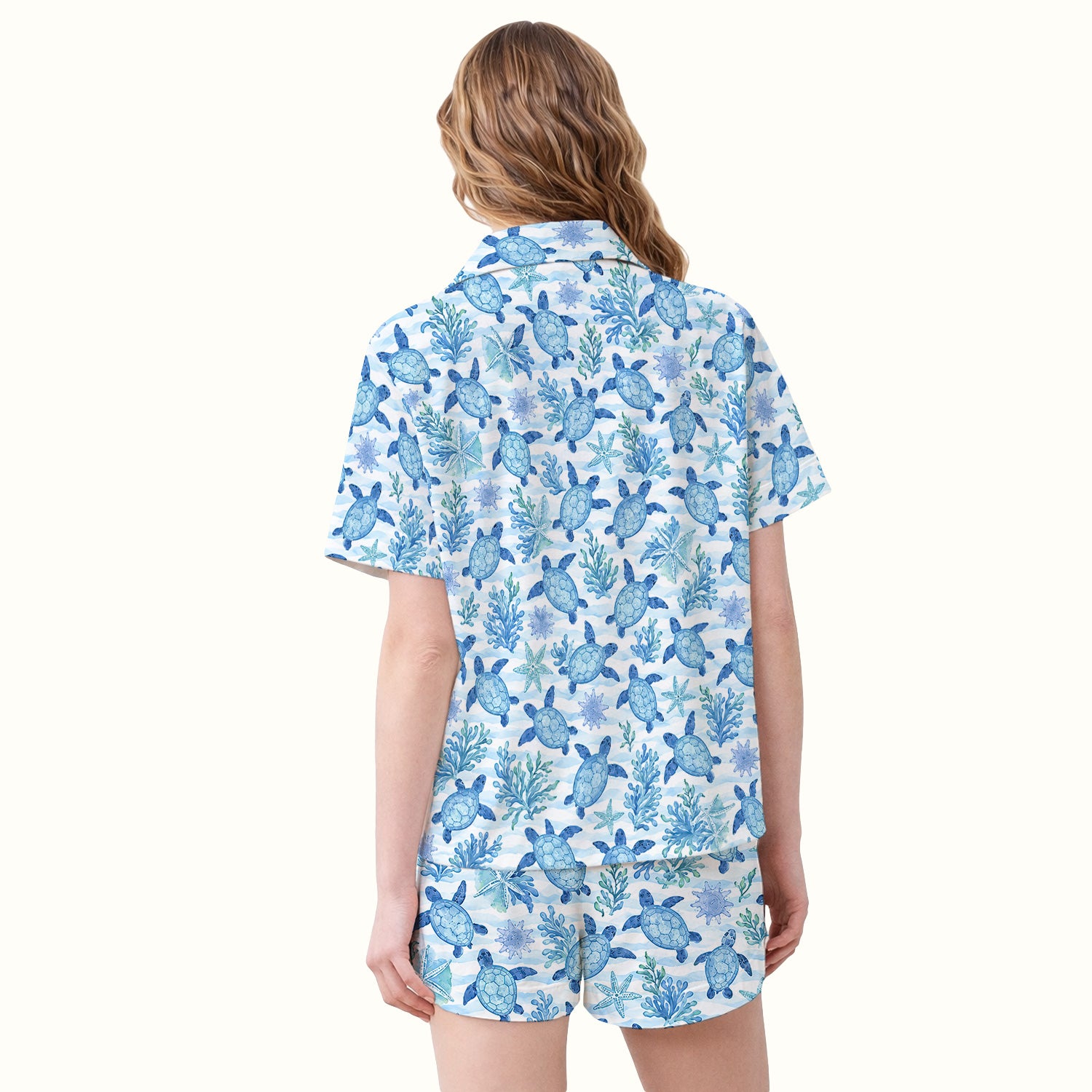 Cute Coastal Sea Turtle Coral Pattern Pajama Set, Soft Breathable Fabric Comfortable Sleepwear