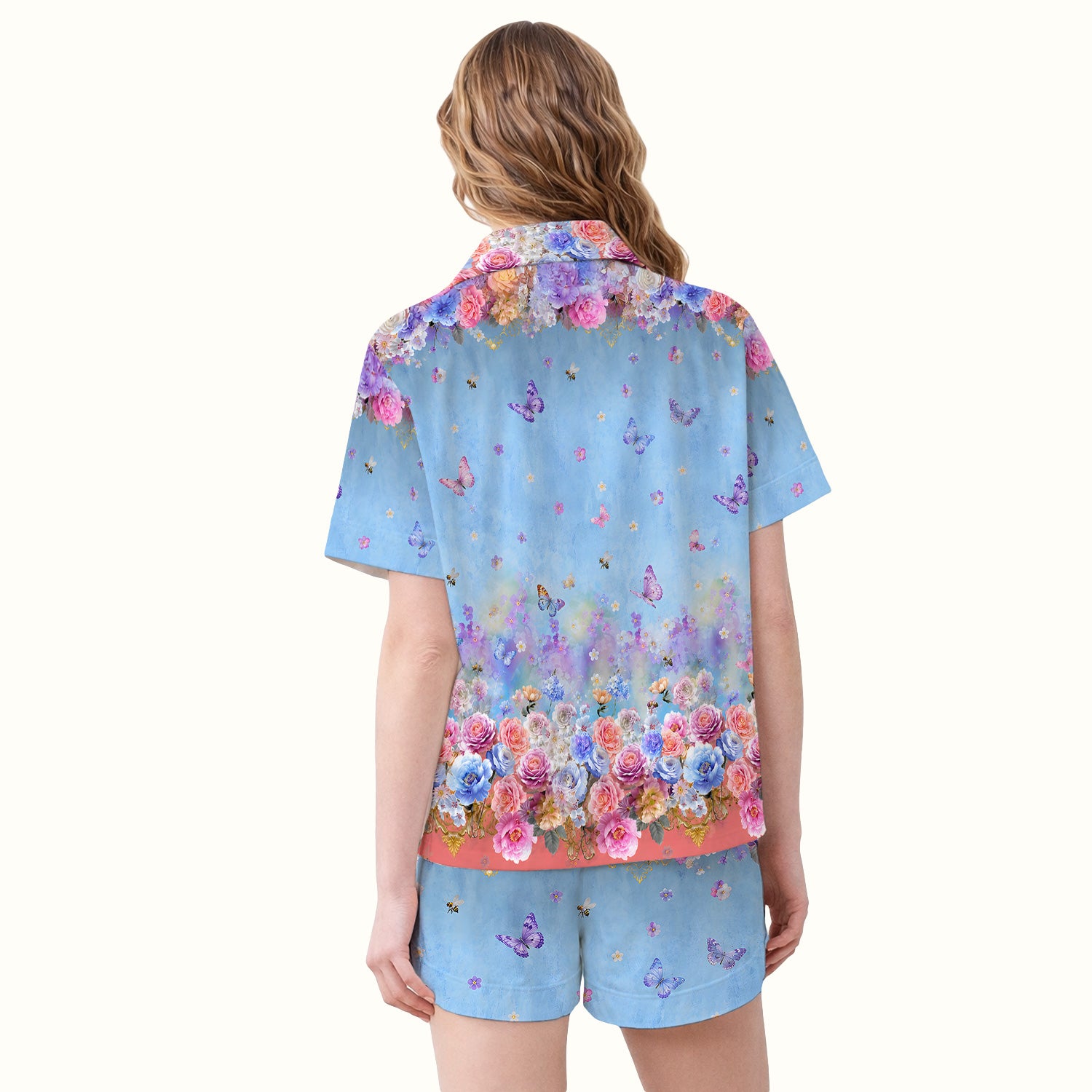 Pastel Flower Garden Print Pajama Set, Soft Breathable Fabric Comfortable Sleepwear