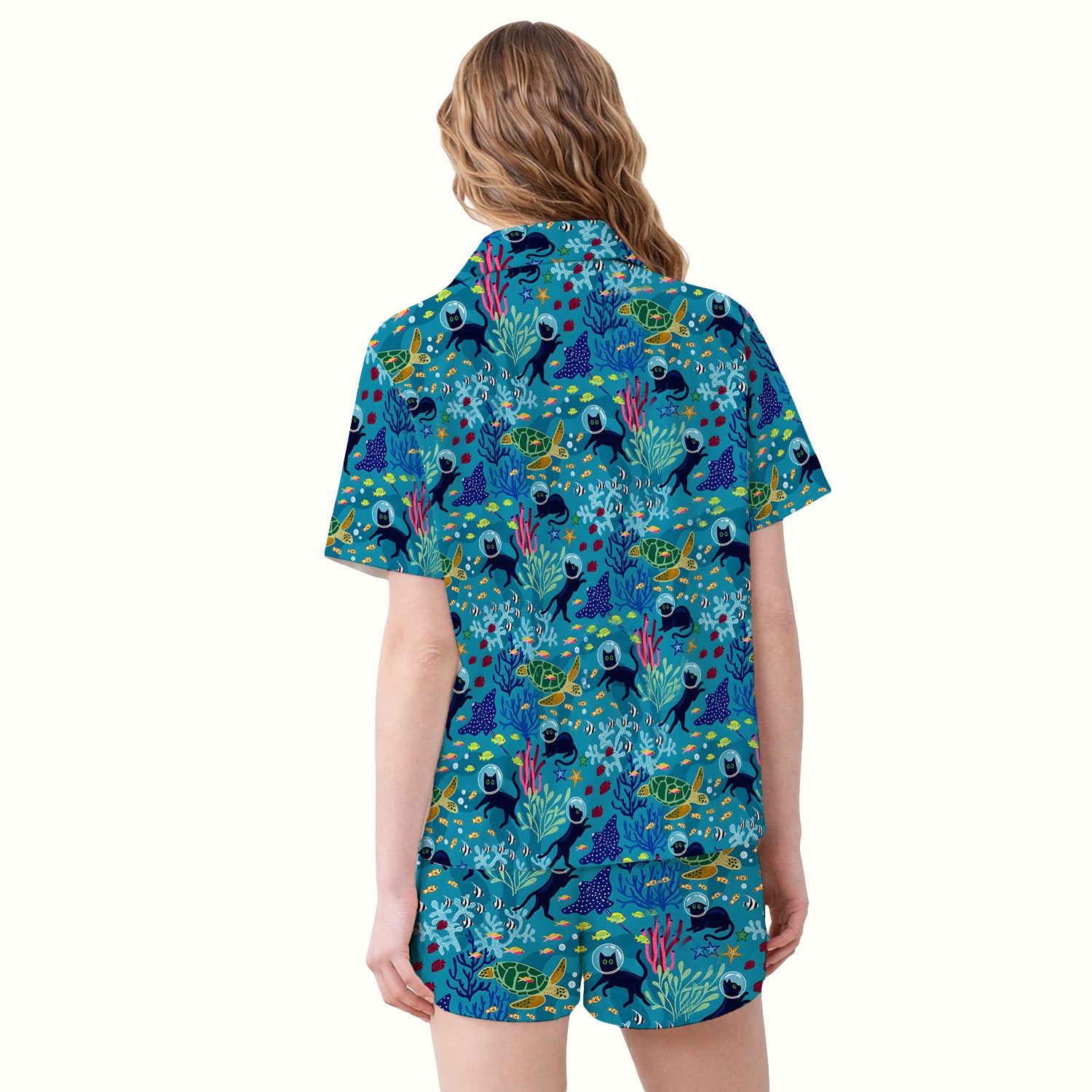 Underwater Cat Turtle Veterinary Pattern Pajama Set, Soft Breathable Fabric Comfortable Sleepwear