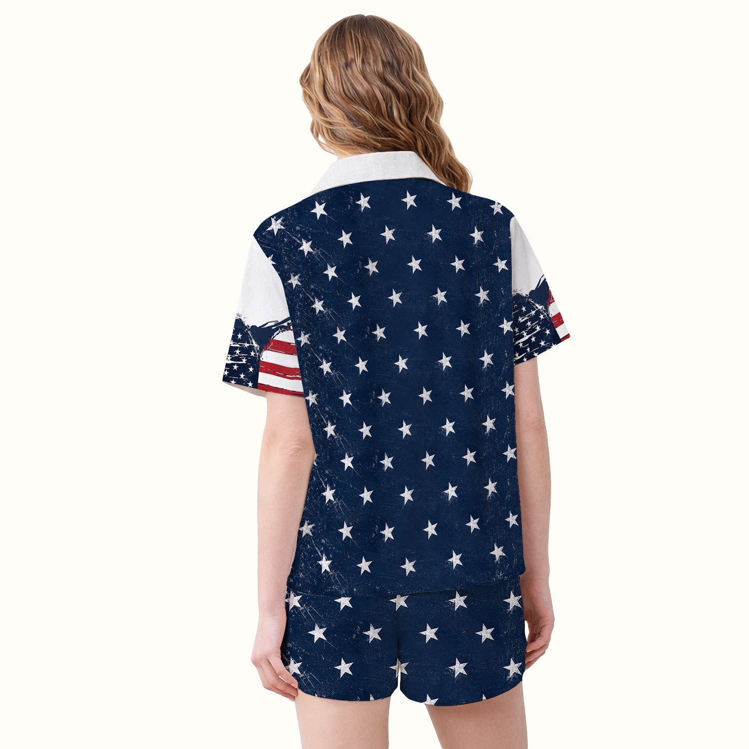 Patriotic Nurse Adorable Scrub Top USA Heart Pattern Pajama Set, Soft Breathable Fabric Comfortable Sleepwear