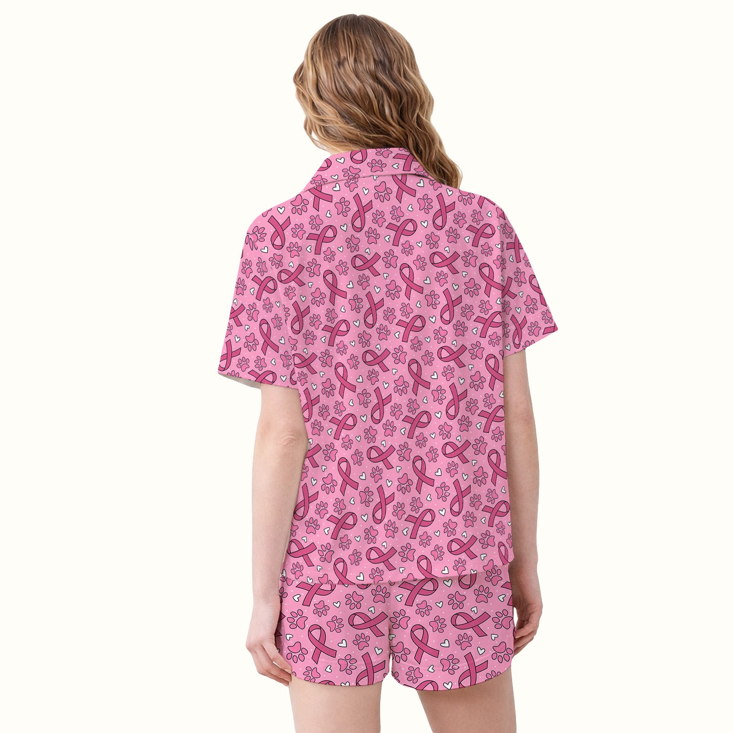 Pink Ribbon Paw Print Pajama Set, Soft Breathable Fabric Comfortable Sleepwear