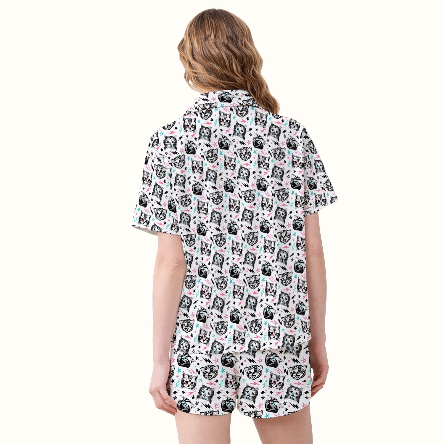 Playful Cat Faces Lightning Pattern Pajama Set, Soft Breathable Fabric Comfortable Sleepwear