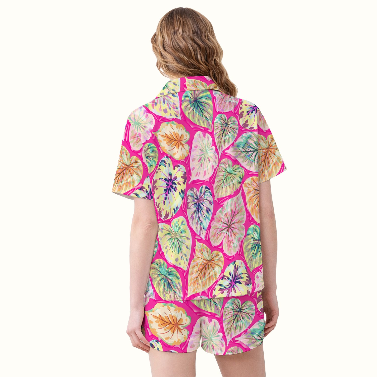 Tropical Colorful Shaped Leaf Nurse Pattern Pajama Set, Soft Breathable Fabric Comfortable Sleepwear