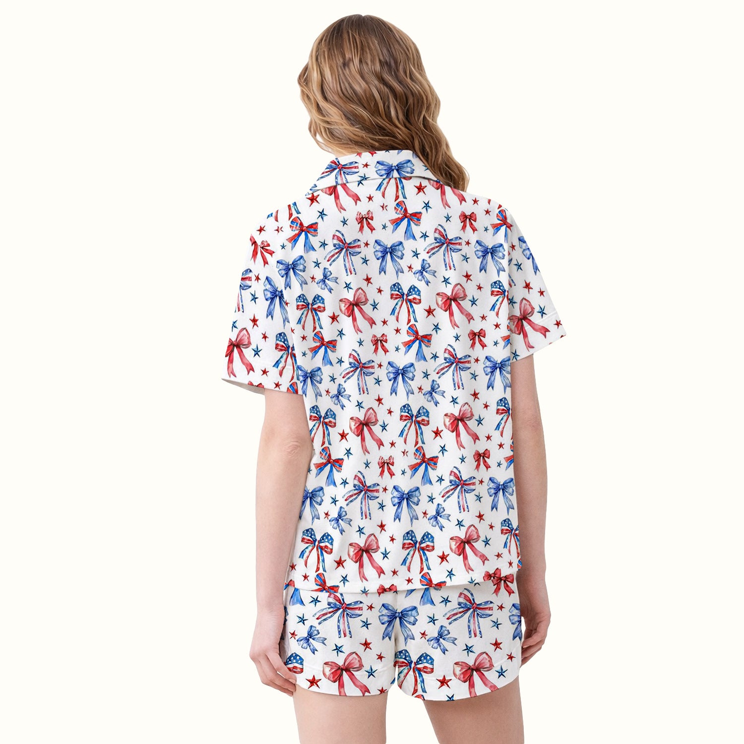 Festive Patriotic Ribbon Bow Star Pattern Pajama Set, Soft Breathable Fabric Comfortable Sleepwear