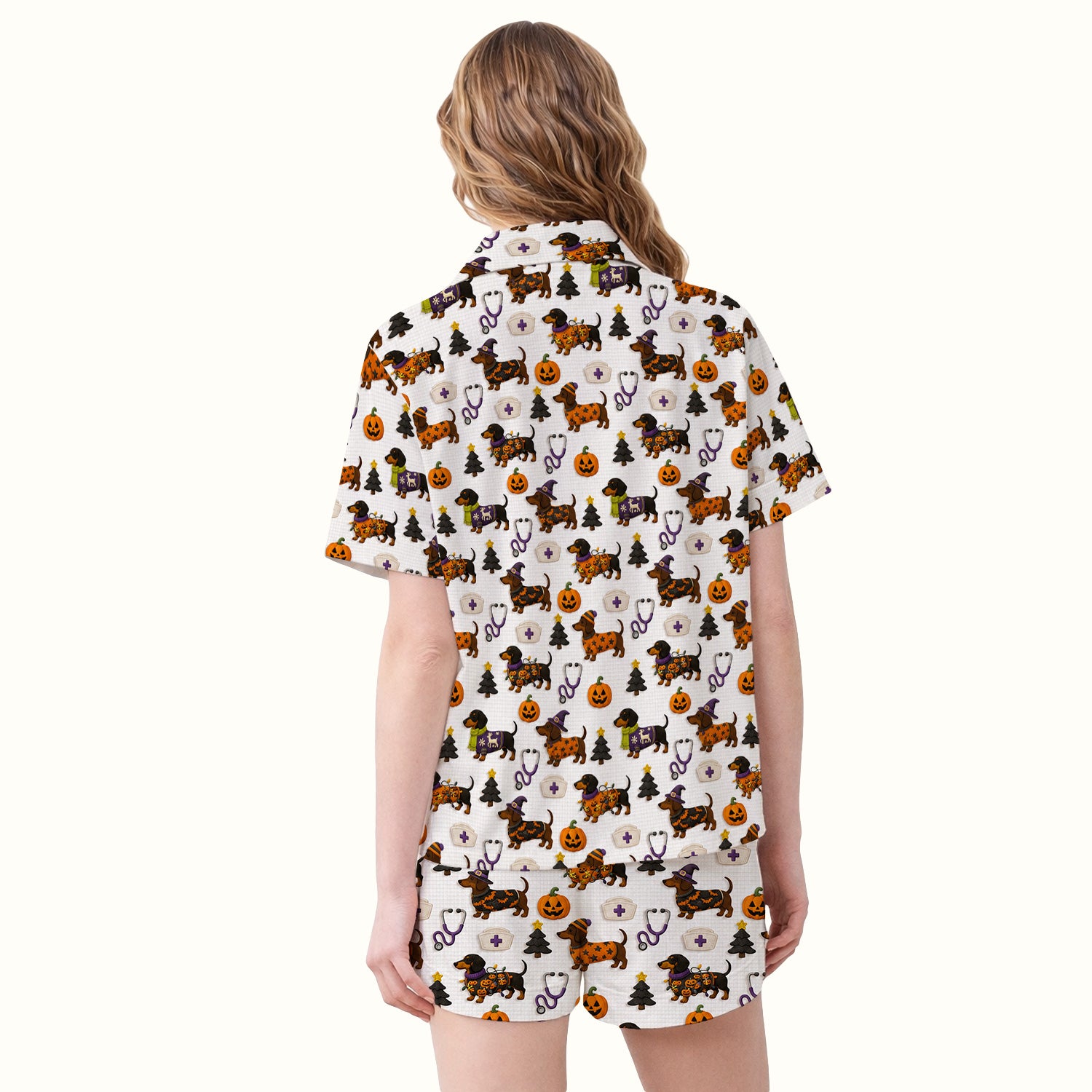 Halloween Dachshund with Pumpkin Stethoscope Print Pajama Set, Soft Breathable Fabric Comfortable Sleepwear