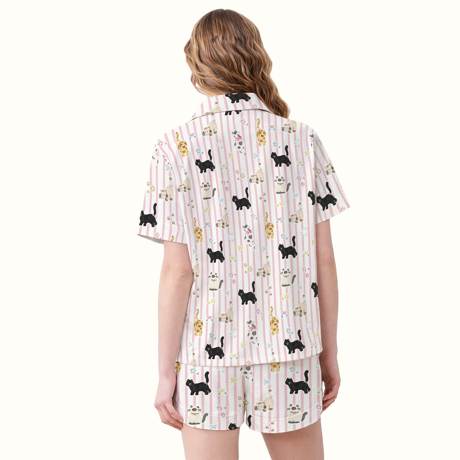 Cute Playful Cat Stripe Ribbon Pattern Pajama Set, Soft Breathable Fabric Comfortable Sleepwear