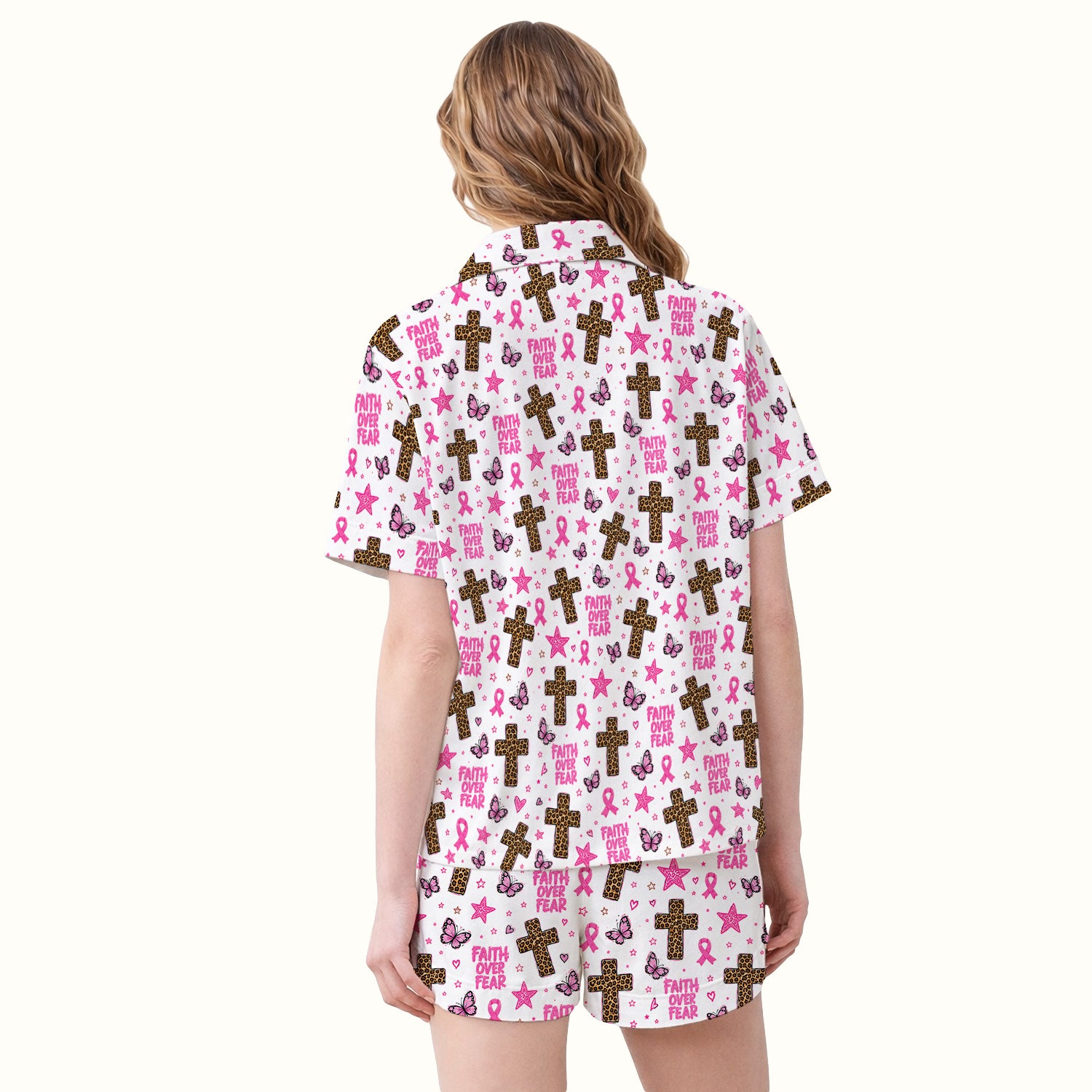 Faith Over Fear Breast Cancer Pajama Set, Soft Breathable Fabric Comfortable Sleepwear