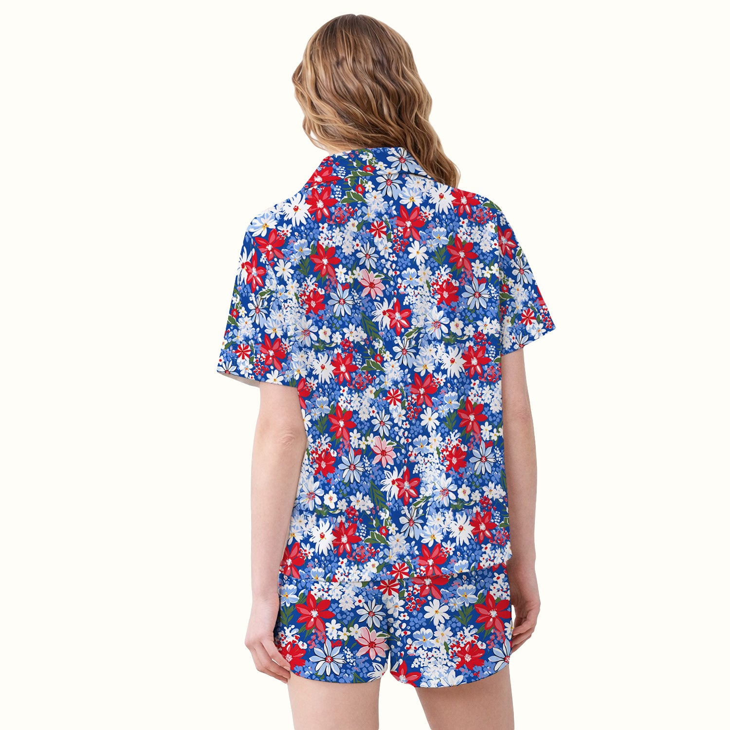 Patriotic Red White Blue Floral Garden Print Pajama Set, Soft Breathable Fabric Comfortable Sleepwear