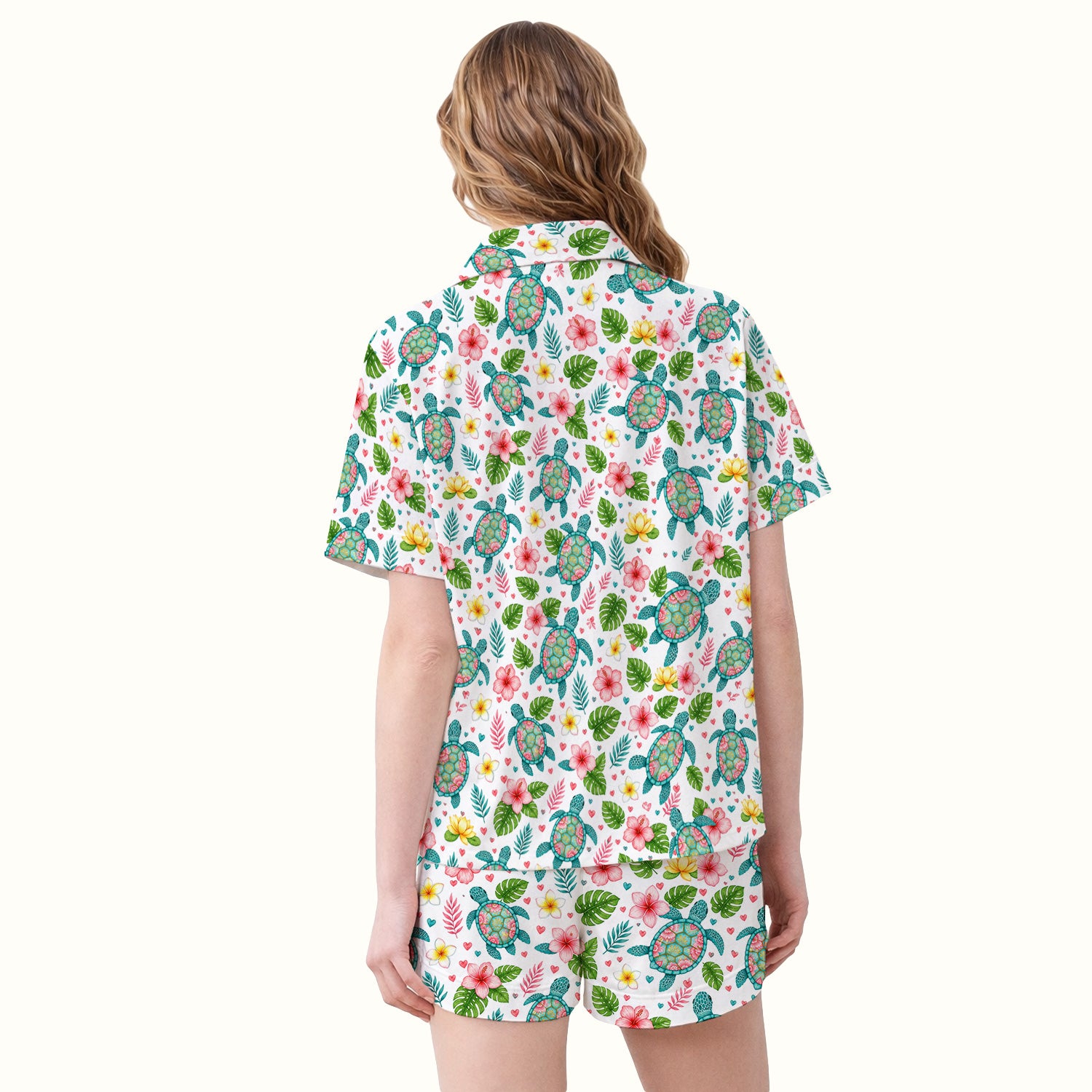 Tropical Sea Turtle Floral Pattern Pajama Set, Soft Breathable Fabric Comfortable Sleepwear