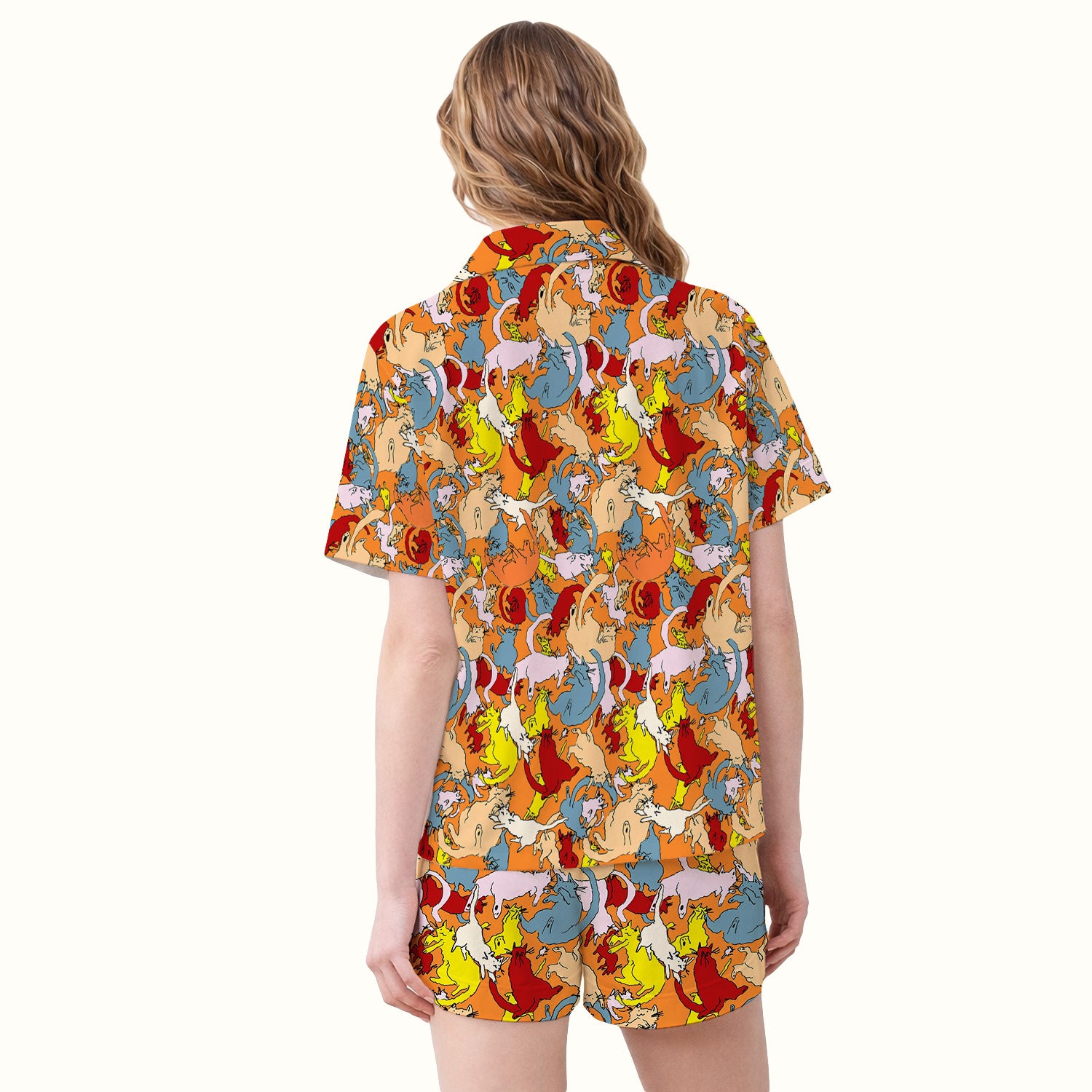 Colorful Cat Chaos Illustration Pattern Pajama Set, Soft Breathable Fabric Comfortable Sleepwear
