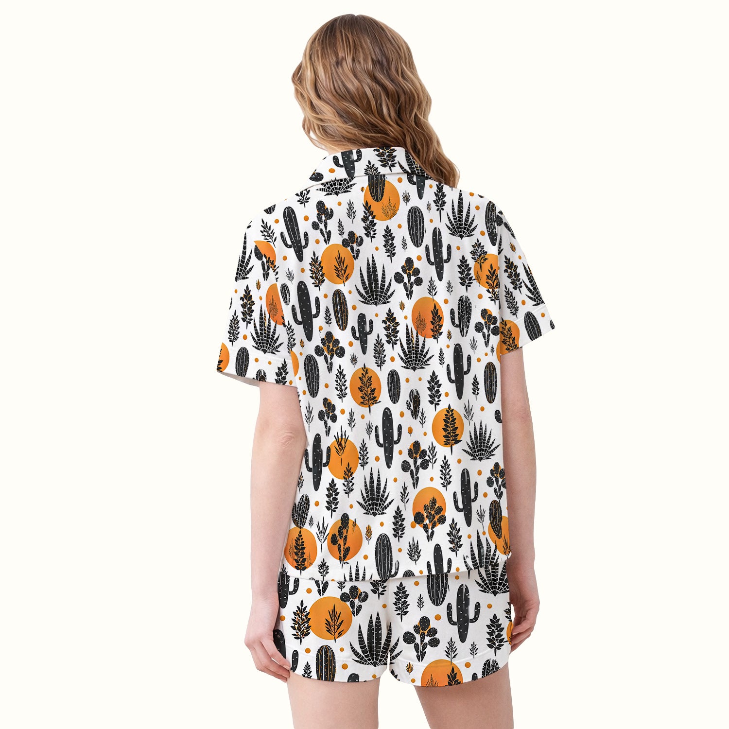 Desert Cactus Orange Sun Pattern Pajama Set, Soft Breathable Fabric Comfortable Sleepwear