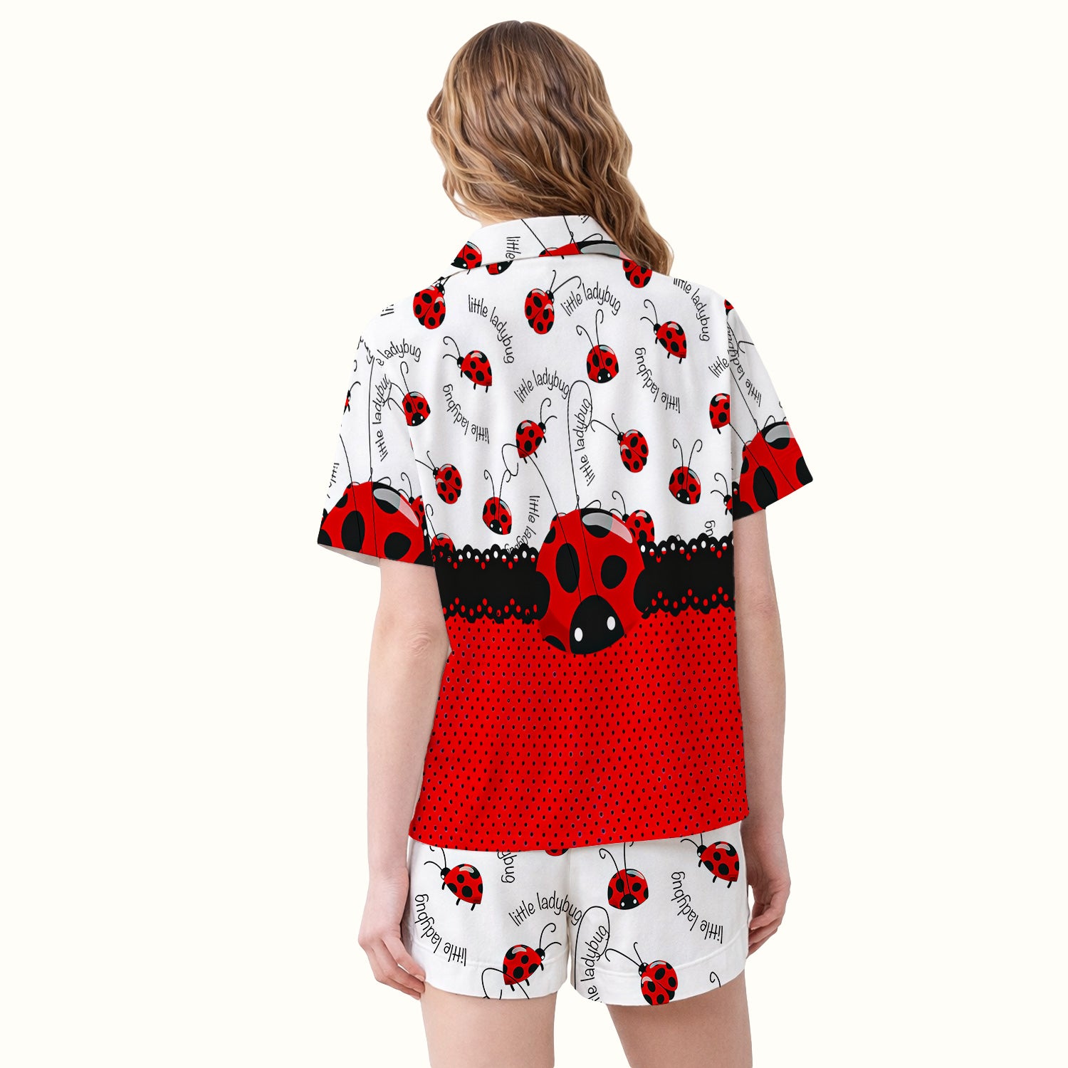 Cute Little Ladybug Polka Dot Pattern Pajama Set, Soft Breathable Fabric Comfortable Sleepwear