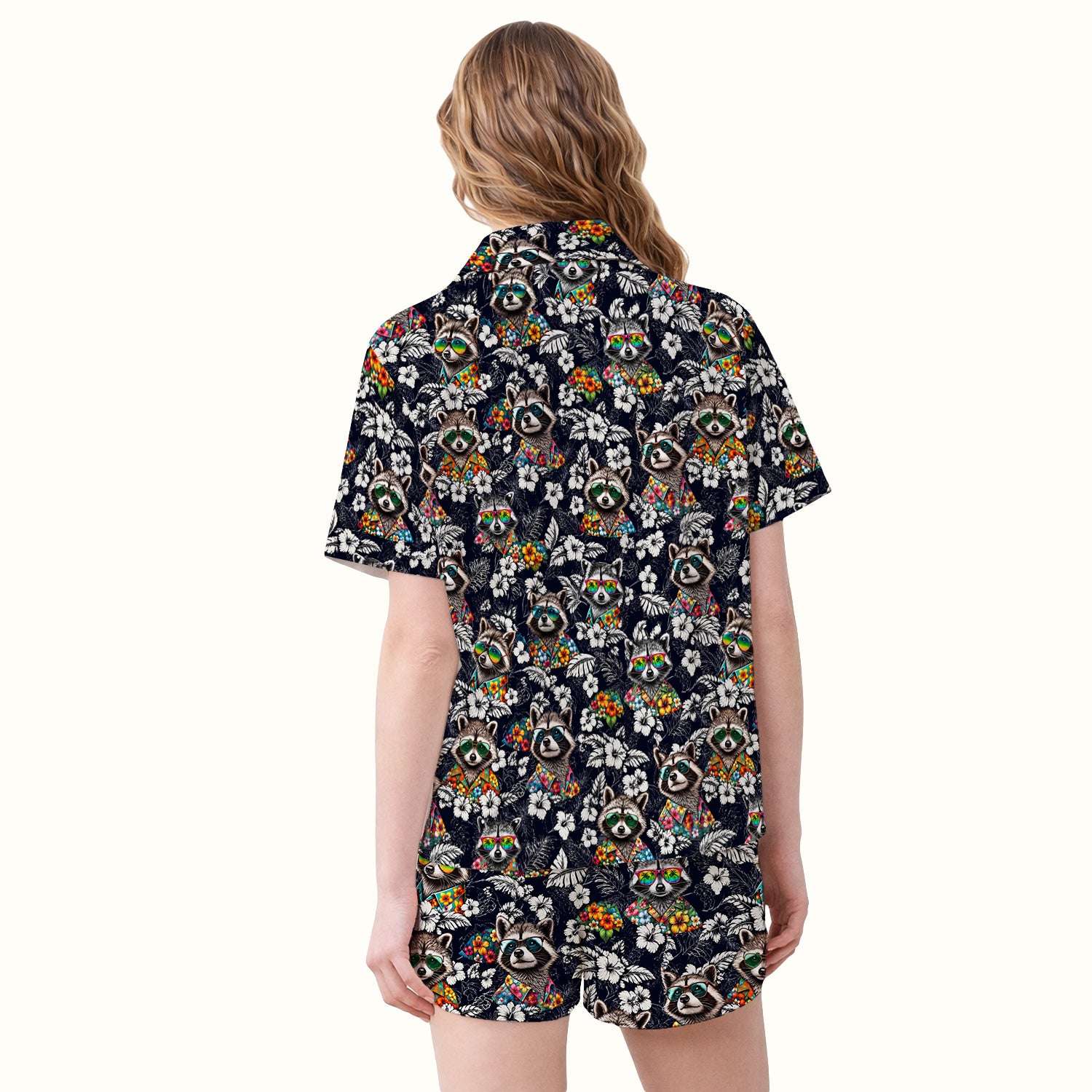Tropical Raccoon Floral Pattern Pajama Set, Soft Breathable Fabric Comfortable Sleepwear