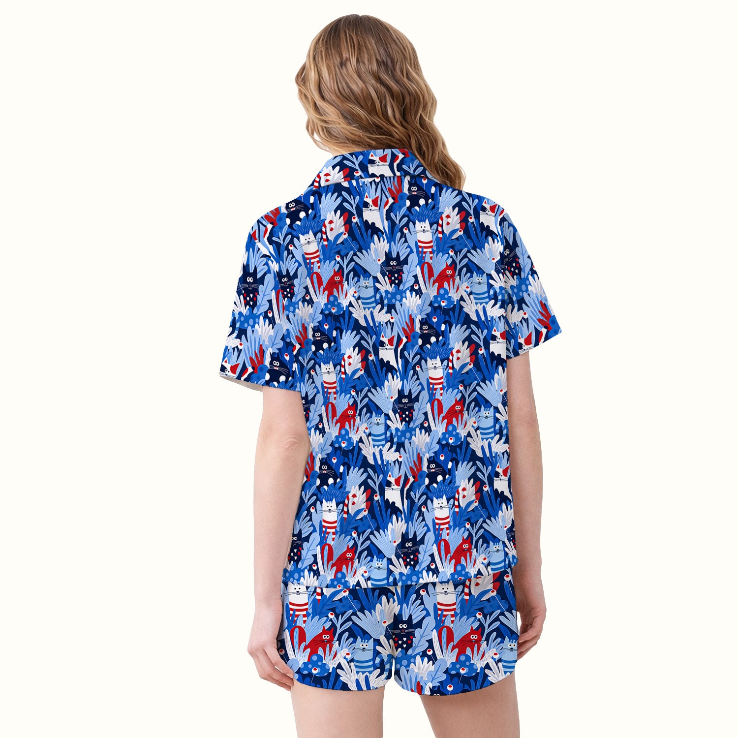 Cute Cats Among Blue Foliage Pattern Pajama Set, Soft Breathable Fabric Comfortable Sleepwear