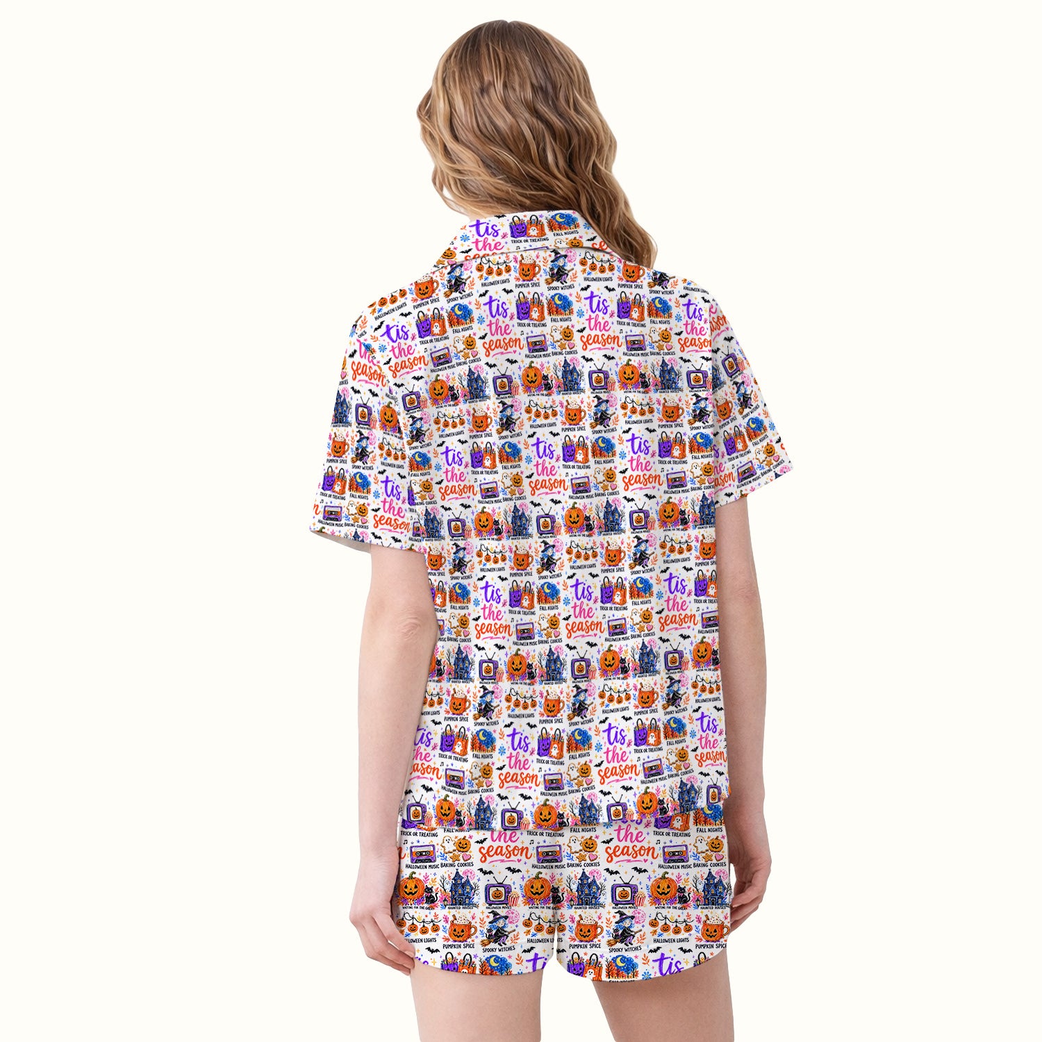 Pumpkin Ghost Spooky Season Print Pajama Set, Soft Breathable Fabric Comfortable Sleepwear