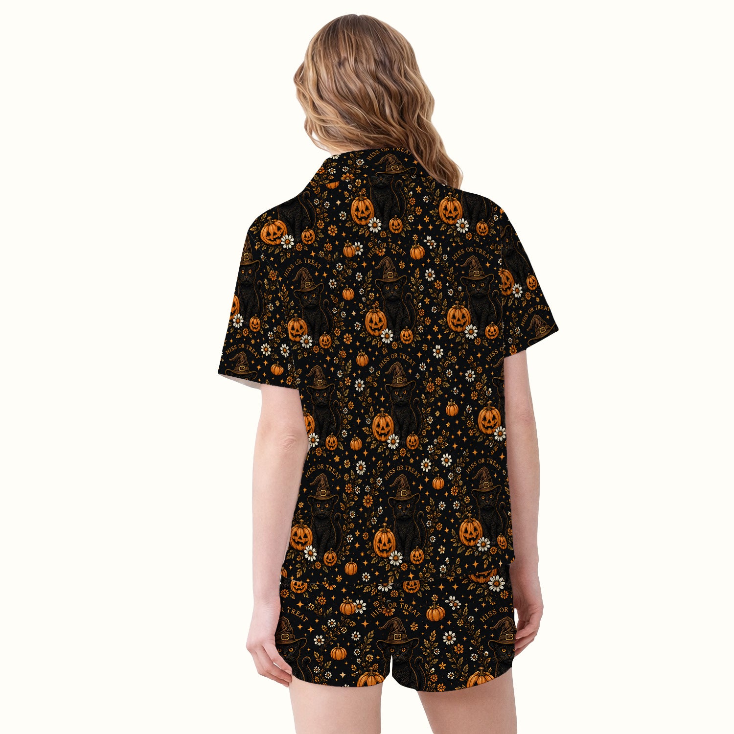 Halloween Black Cat Pumpkin Floral Pajama Set, Soft Breathable Fabric Comfortable Sleepwear