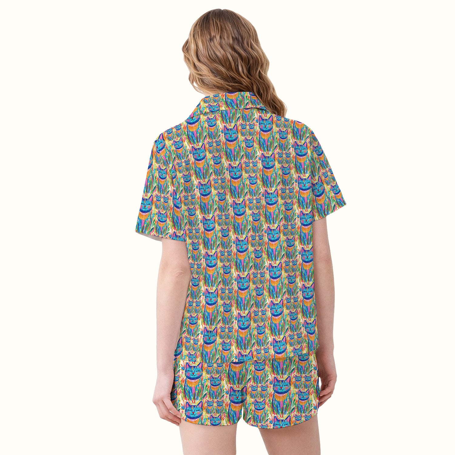 Colorful Rainbow Cat With Floral Brushstroke Pajama Set, Soft Breathable Fabric Comfortable Sleepwear