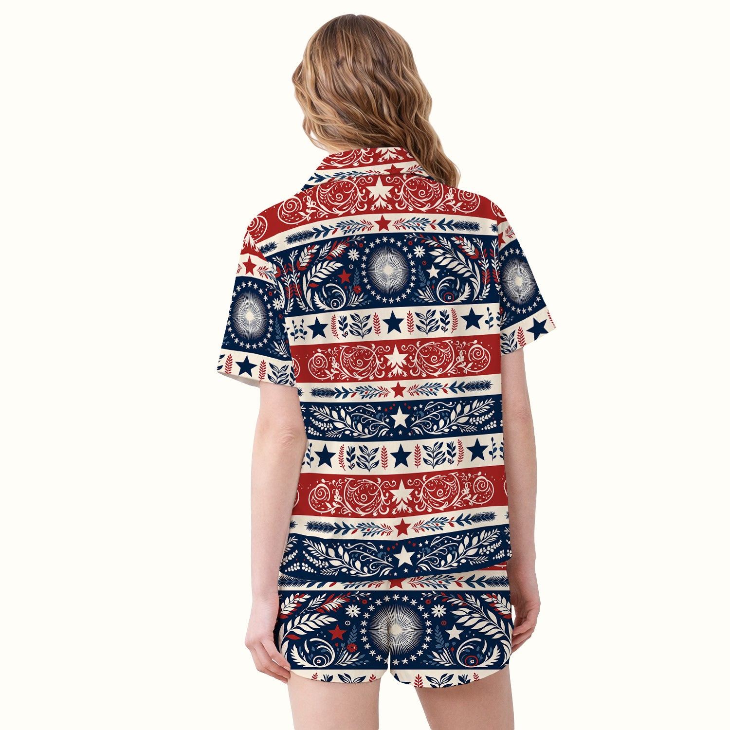 Patriotic Americana Starburst Floral Pattern Pajama Set, Soft Breathable Fabric Comfortable Sleepwear