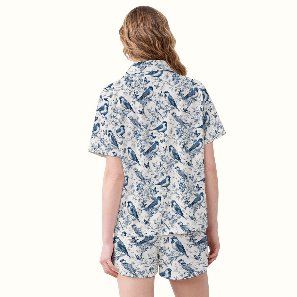 Blue Toile Songbird With Butterfly Print Pajama Set, Soft Breathable Fabric Comfortable Sleepwear