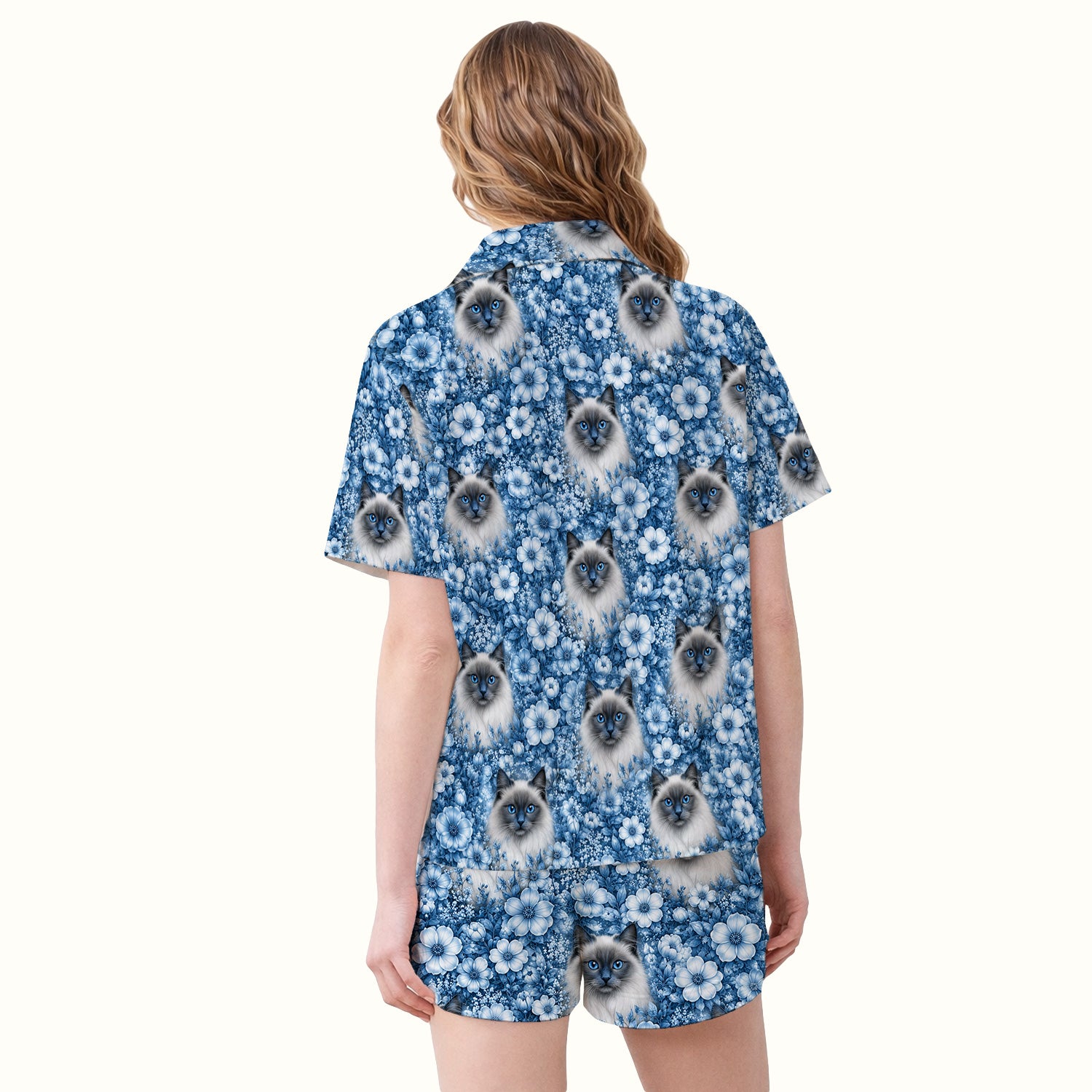 Blue Floral Ragdoll Cat Pattern Pajama Set, Soft Breathable Fabric Comfortable Sleepwear
