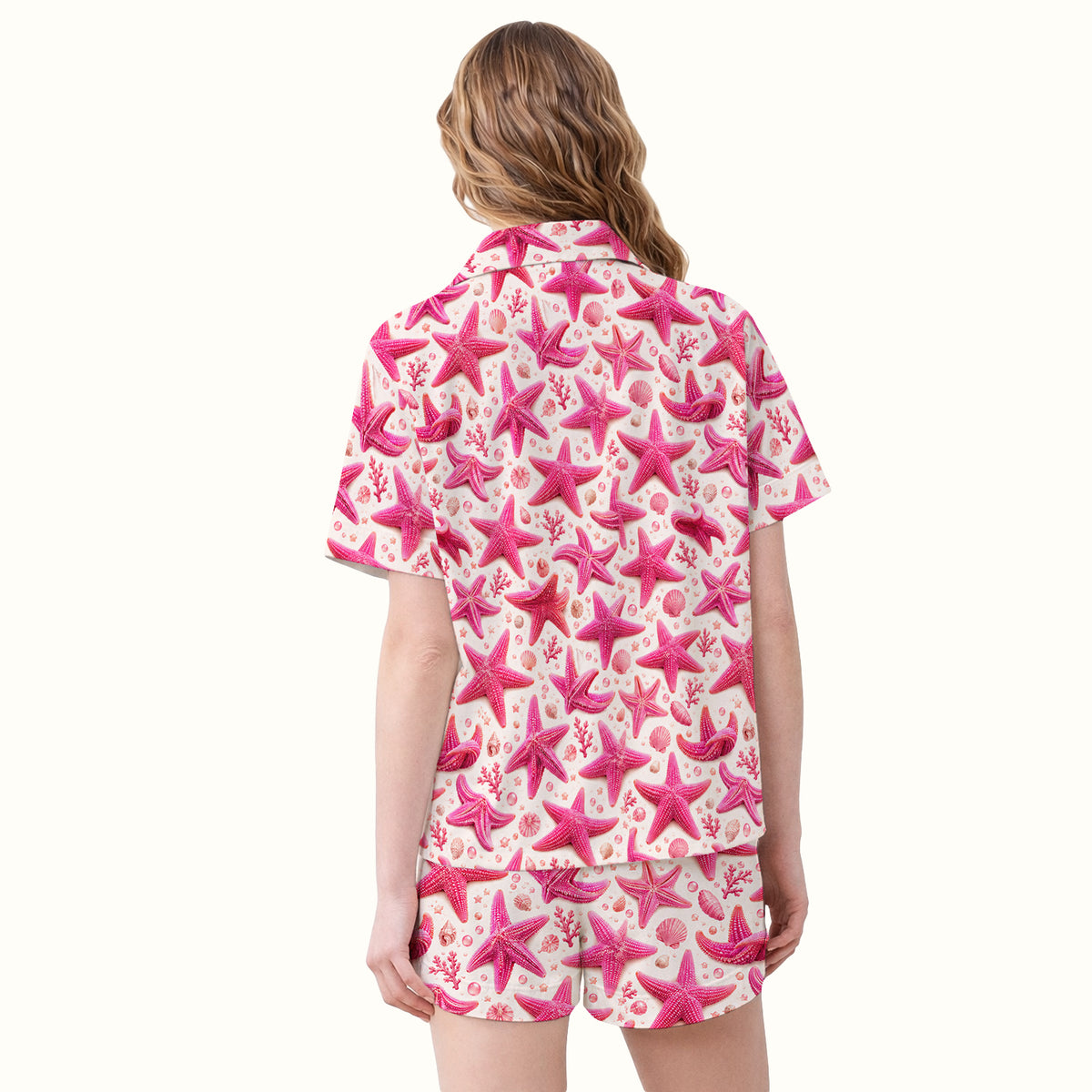 Pink Starfish And Seashell Pattern Pajama Set, Soft Breathable Fabric Comfortable Sleepwear
