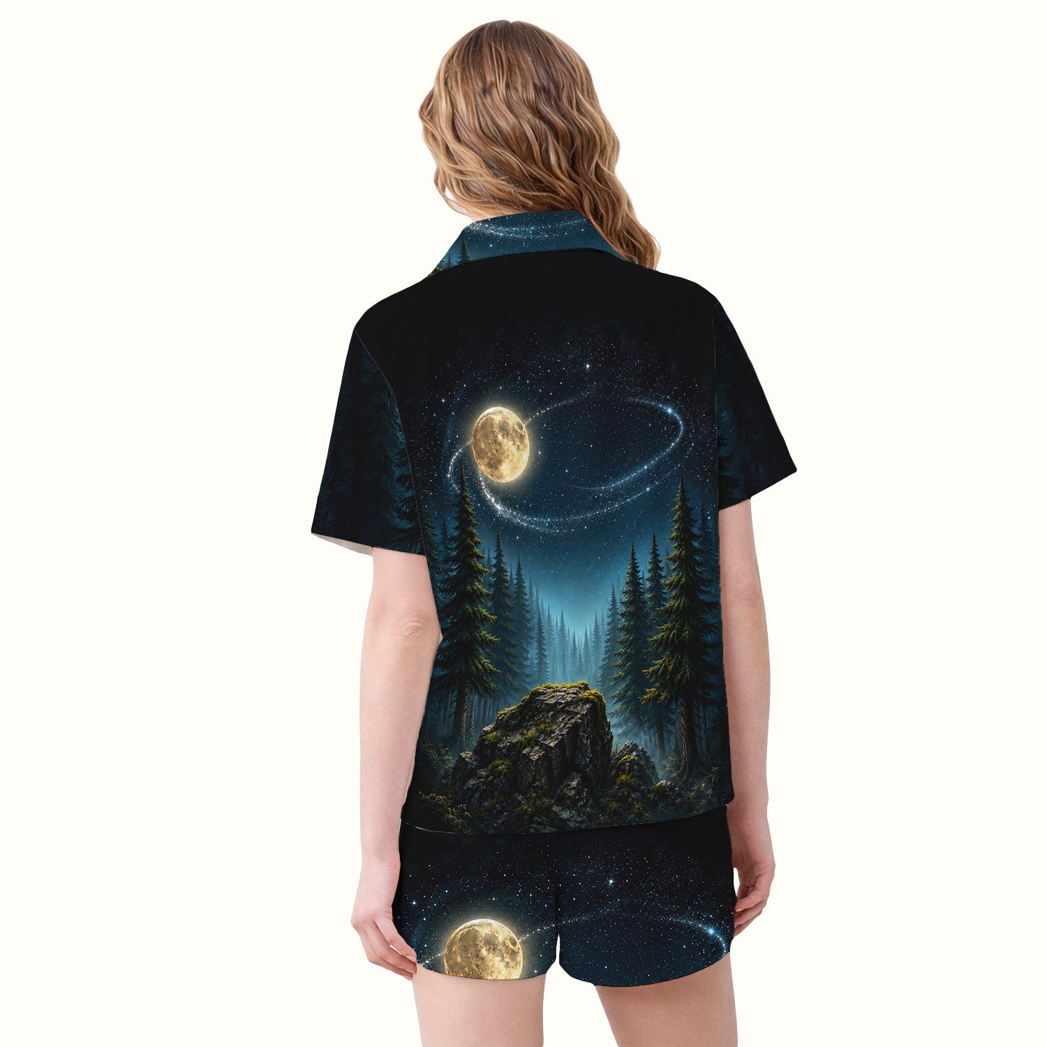 Raccoon On A Moonlit Branch Print Pajama Set, Soft Breathable Fabric Comfortable Sleepwear